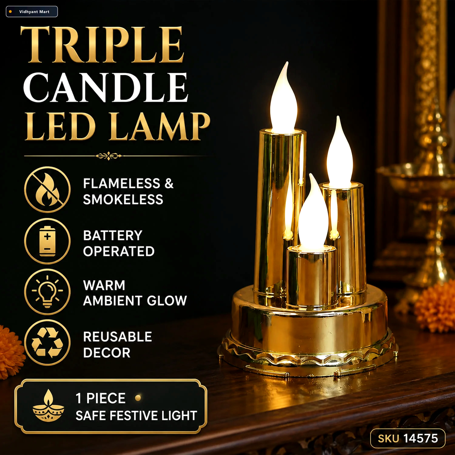 Vidhyant Mart Led Flameless Candle Lamp Triple Candle Design Gol 4