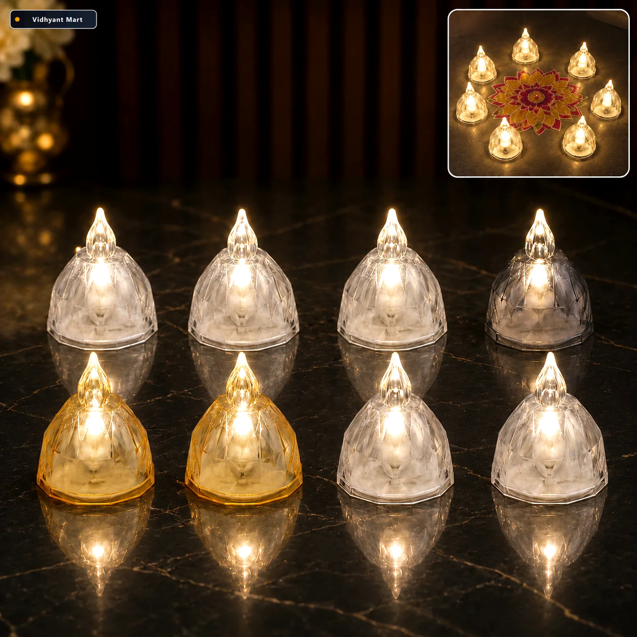 Vidhyant Mart Led Flameless Decorative Diyas Set Of 8 Crystal St 1