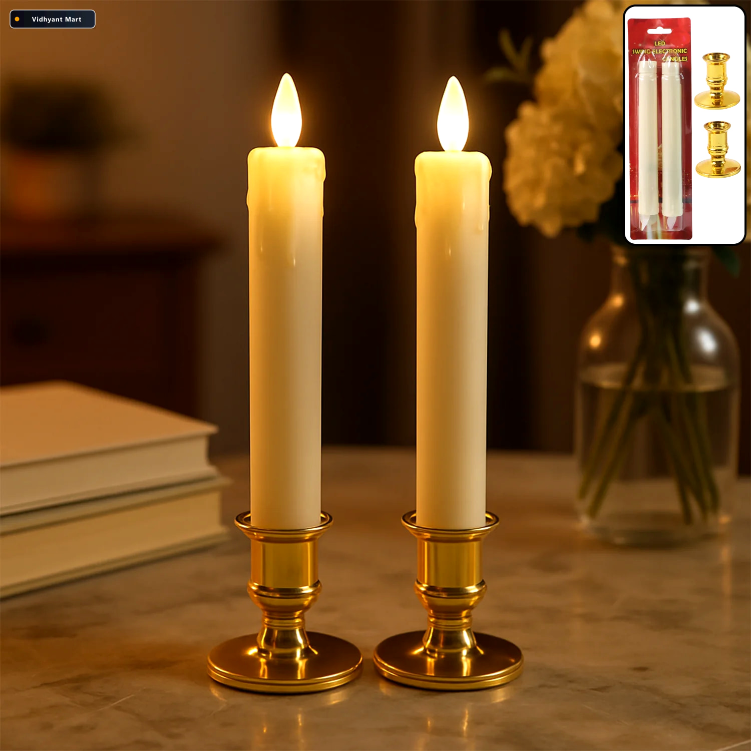 Vidhyant Mart Led Flameless Taper Candles Set Of 2 Realistic Fli 2