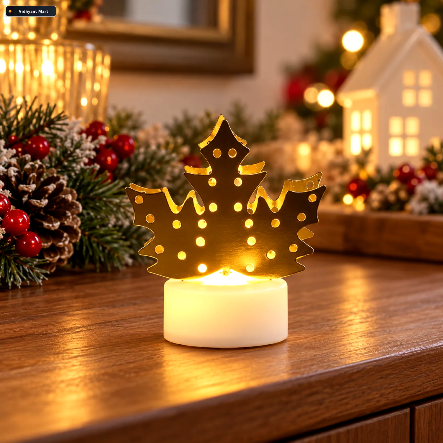 Vidhyant Mart Led Gold Metal Leaf Diya Lamp Battery Operated Fes 1