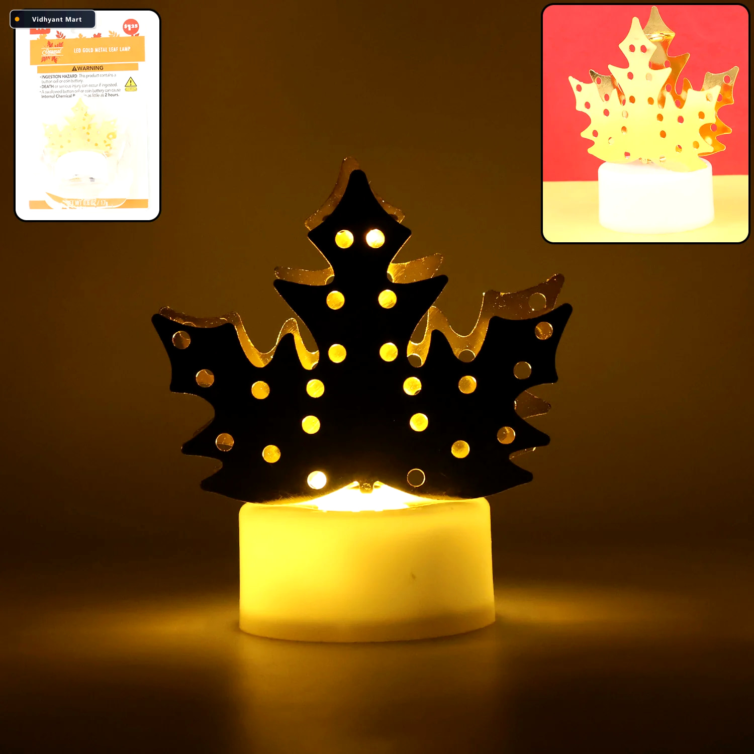 Vidhyant Mart Led Gold Metal Leaf Diya Lamp Battery Operated Fes 3