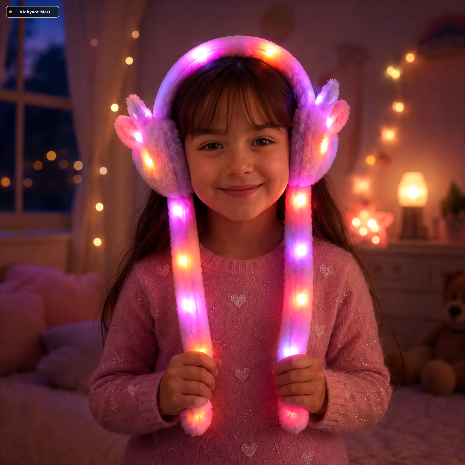 Vidhyant Mart Led Light Soft Plush Winter Earmuffs With Cute Bun 2