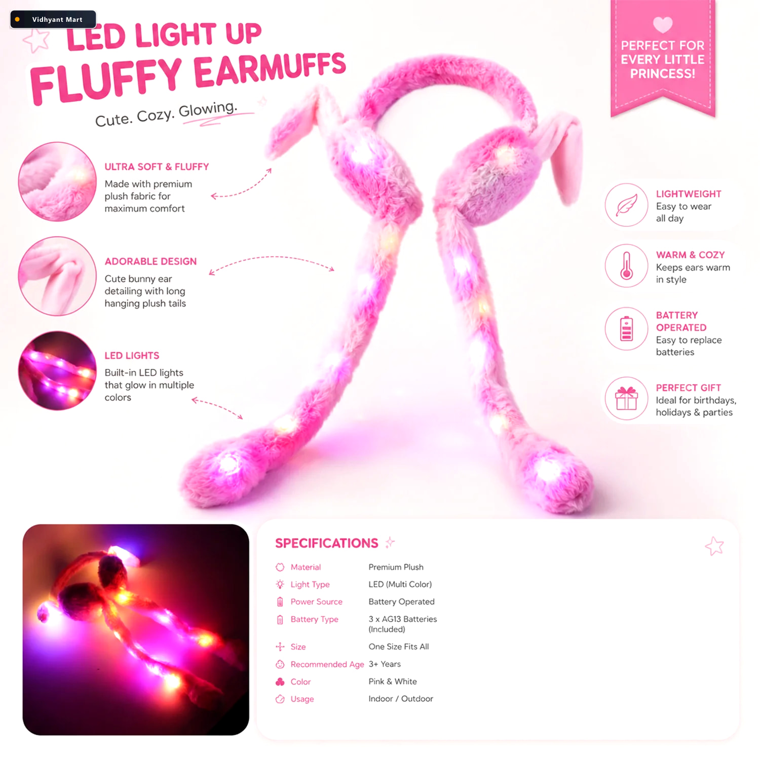 Vidhyant Mart Led Light Soft Plush Winter Earmuffs With Cute Bun 3