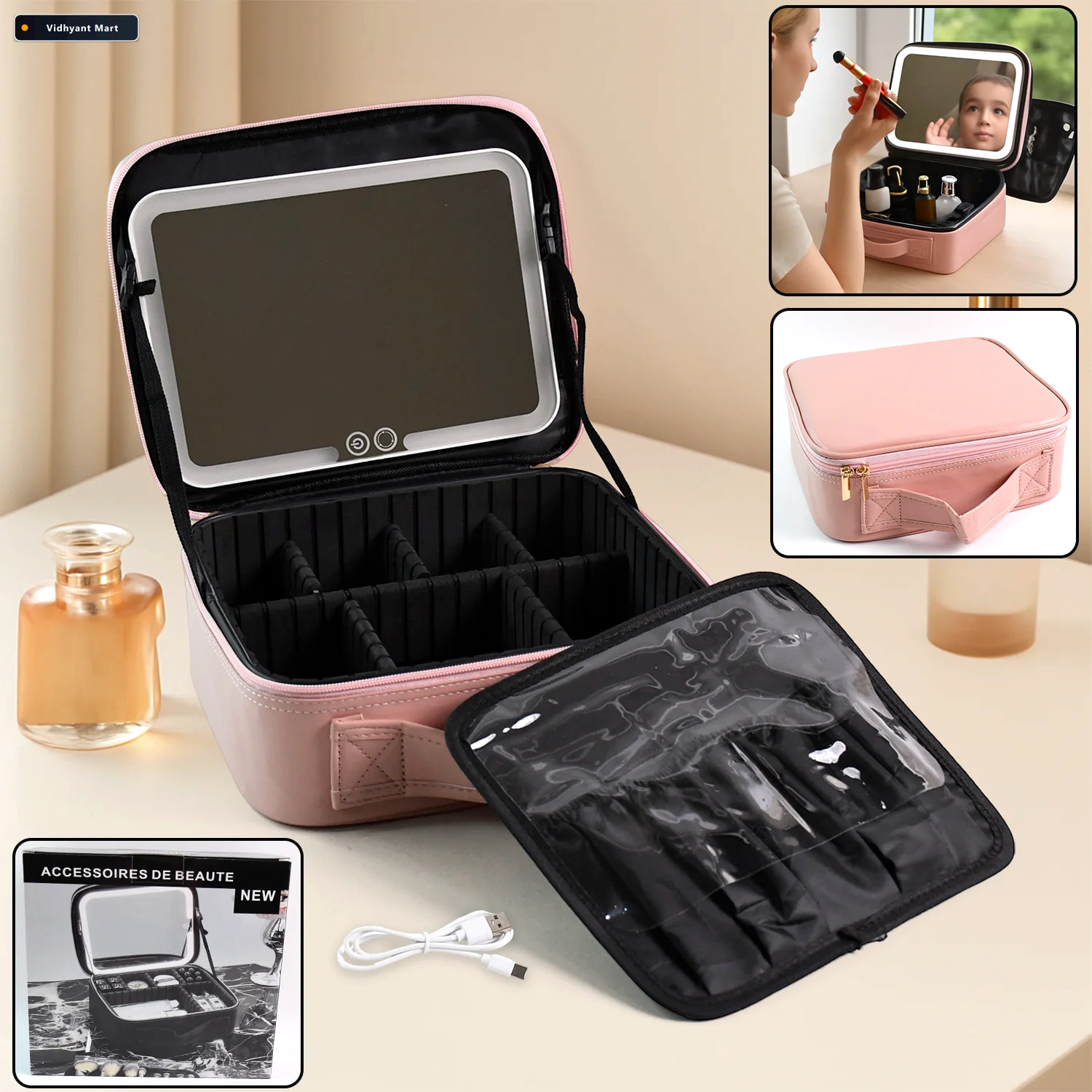 Vidhyant Mart Led Makeup Organizer Box Touch Sensor Mirror Usb R 1