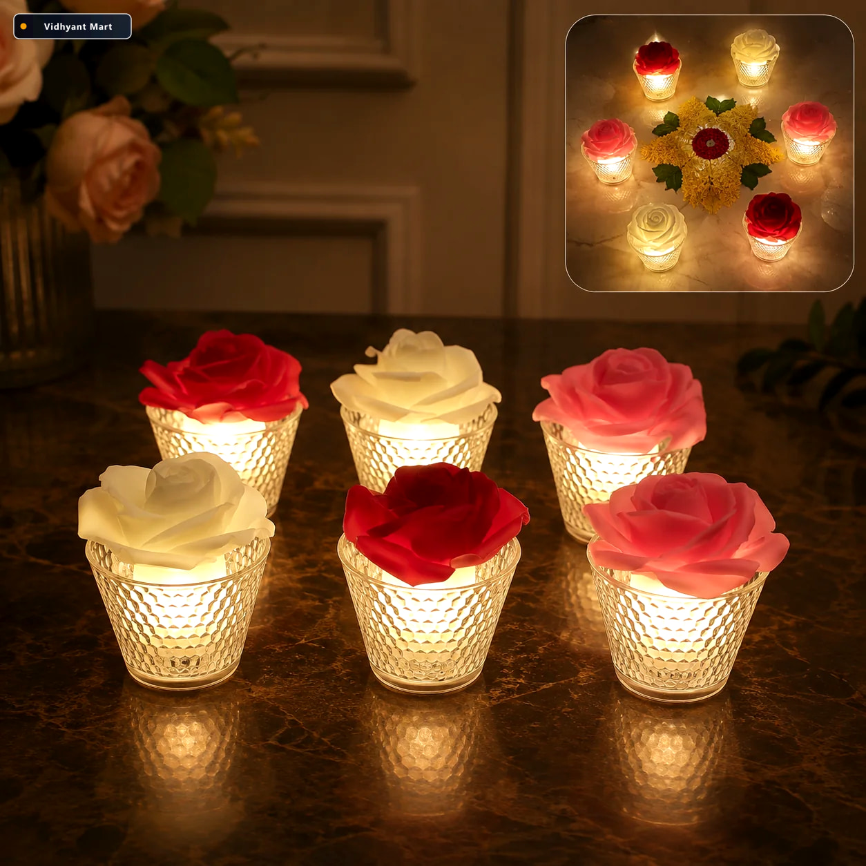 Vidhyant Mart Led Rose Flower Flameless Tealight Candle Set Eleg 1