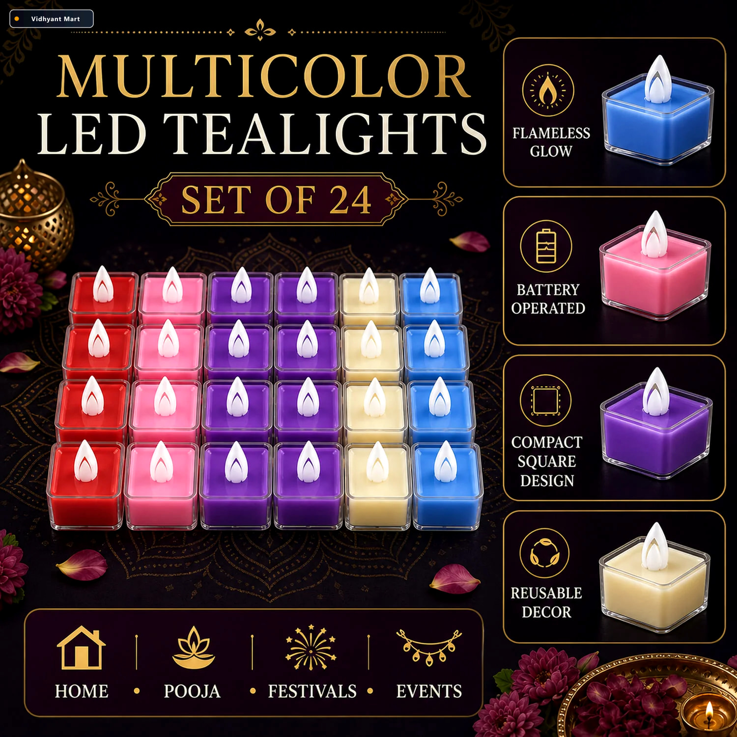 Vidhyant Mart Led Tealight Candles Set Of 24 Multi Color Flamele 3