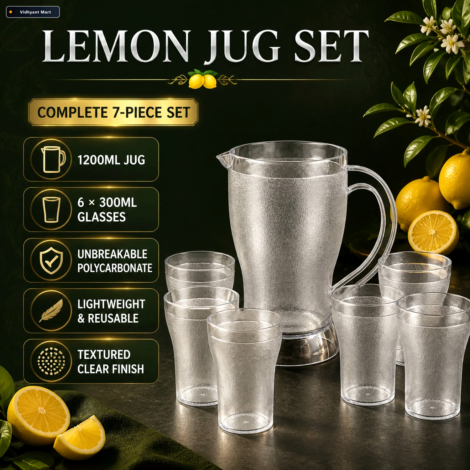 Vidhyant Mart Lemon Jug Set 1200ml Unbreakable Jug With 6 Glasse 2