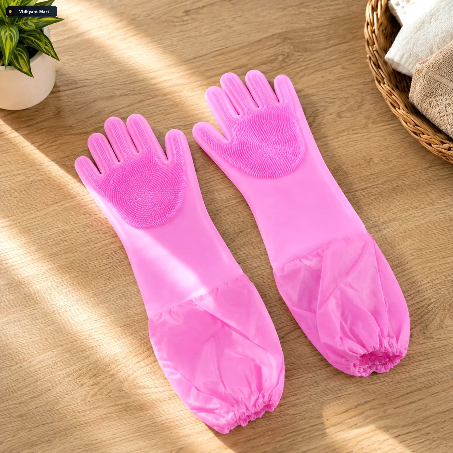 Vidhyant Mart Long Cuff Silicone Scrubber Cleaning Gloves For Ki 1