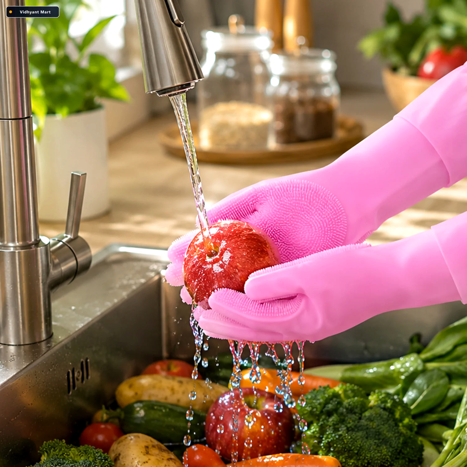 Vidhyant Mart Long Cuff Silicone Scrubber Cleaning Gloves For Ki 3