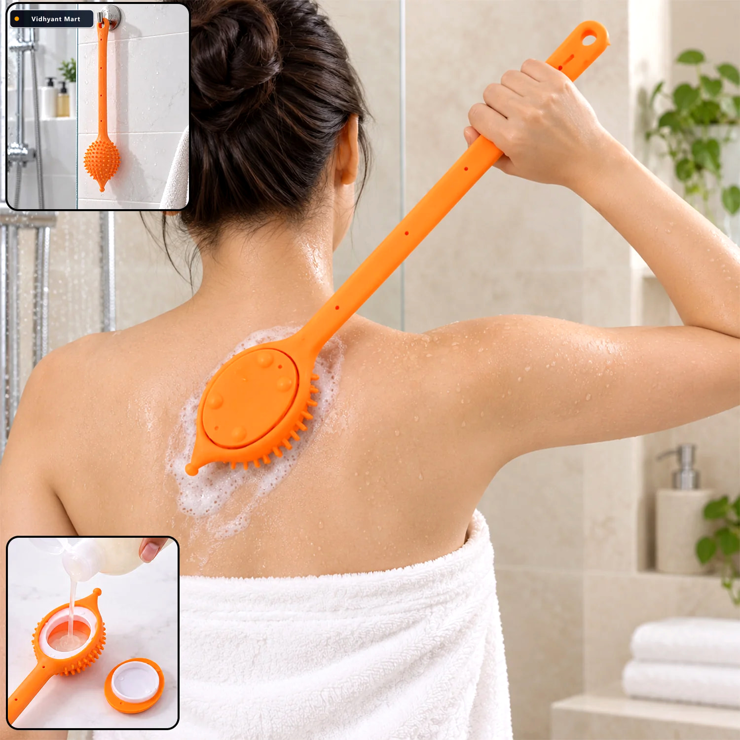 Vidhyant Mart Long Handle Silicone Back Scrubber With Soap Dispe 1
