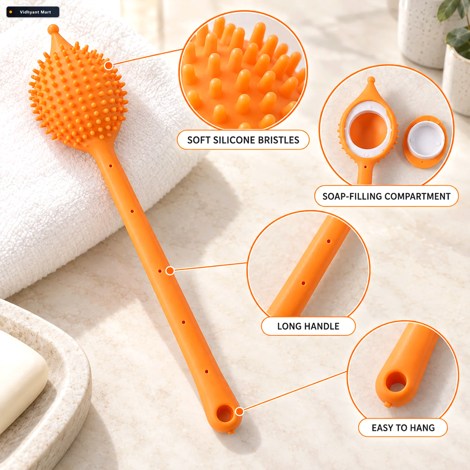 Vidhyant Mart Long Handle Silicone Back Scrubber With Soap Dispe 2