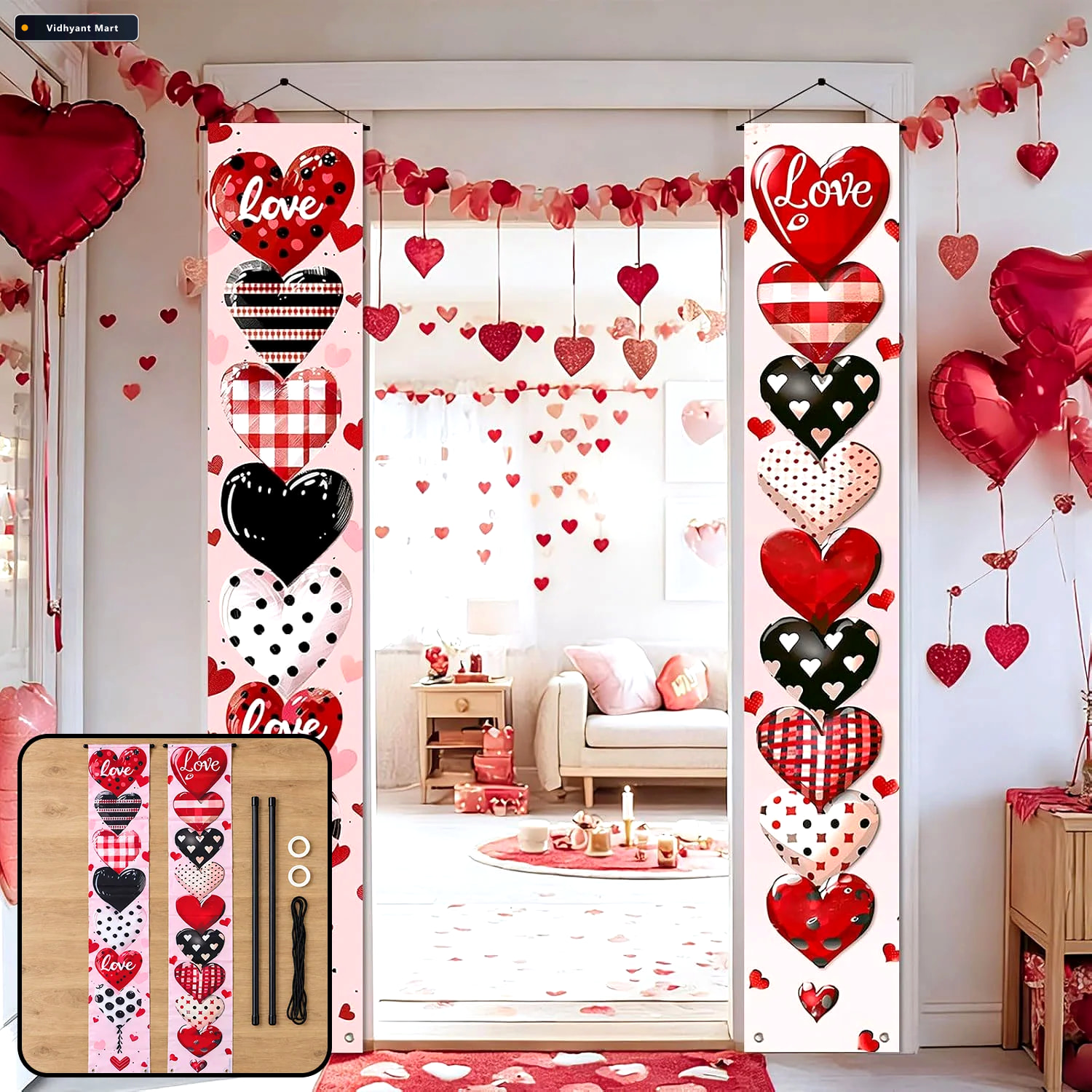 Vidhyant Mart Love Heart Printed Door Hanging Backdrop Curtains 1