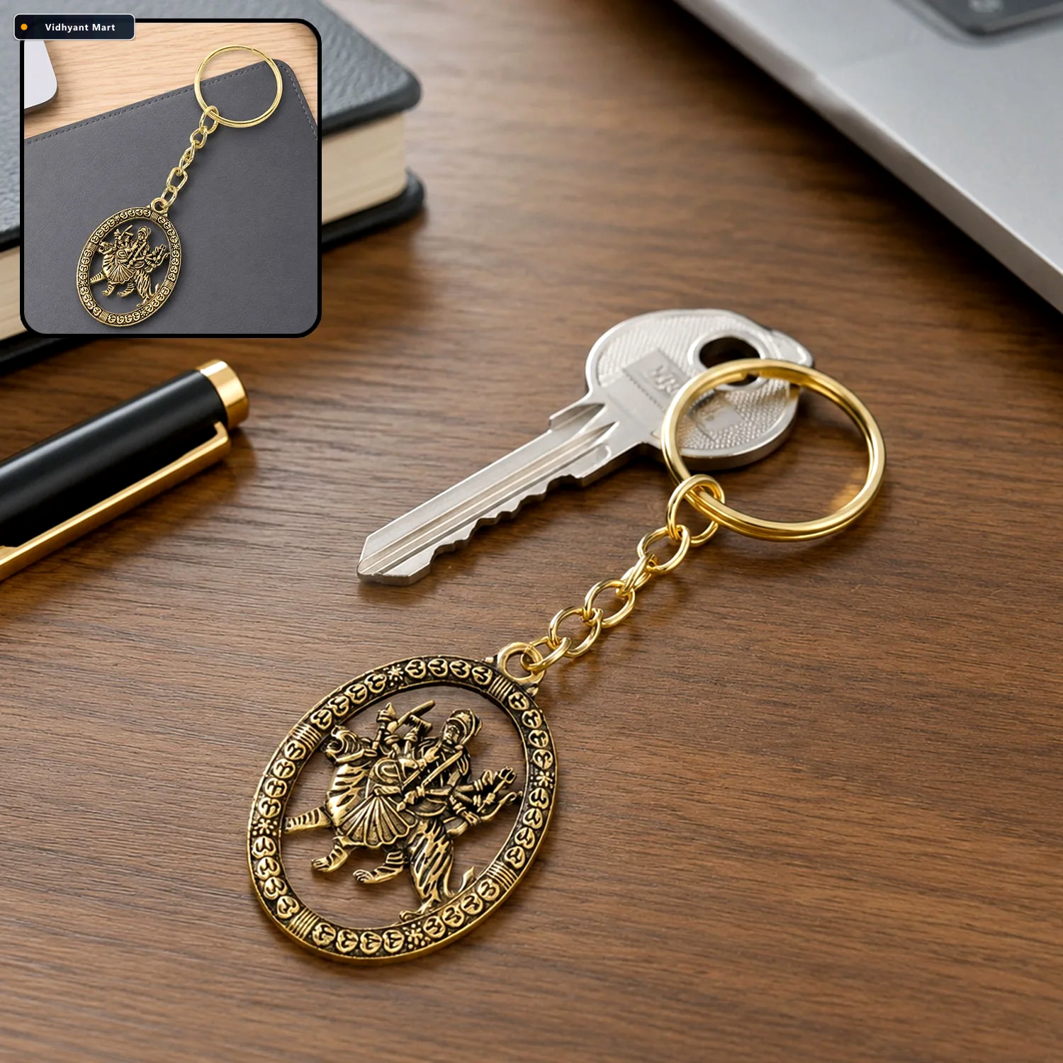 Vidhyant Mart Maa Durga Golden Oval Frame Keychain Spiritual Pro 1