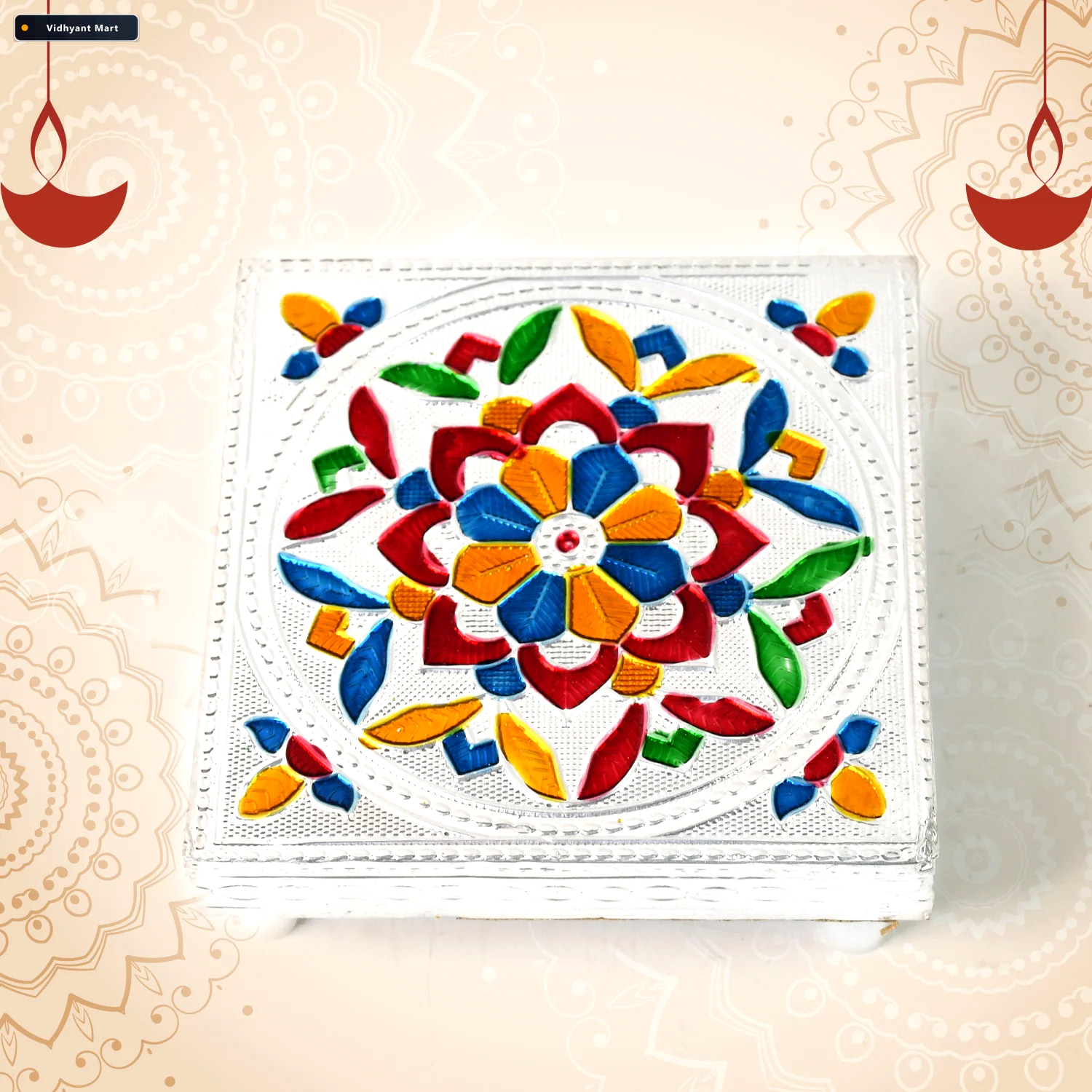 Vidhyant Mart Meenakari Wooden Chowki Handmade Puja Bajot Set Fo 1