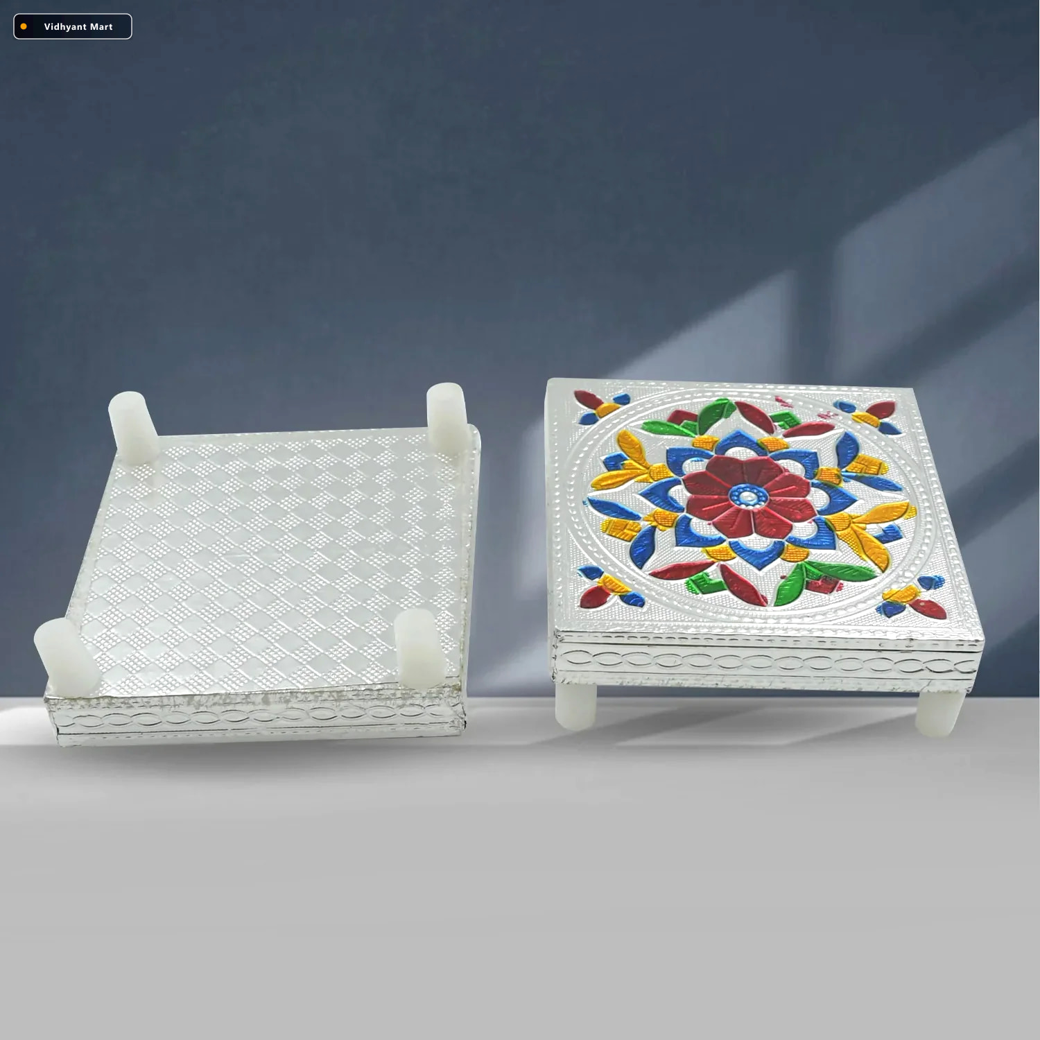 Vidhyant Mart Meenakari Wooden Chowki Handmade Puja Bajot Set Fo 2