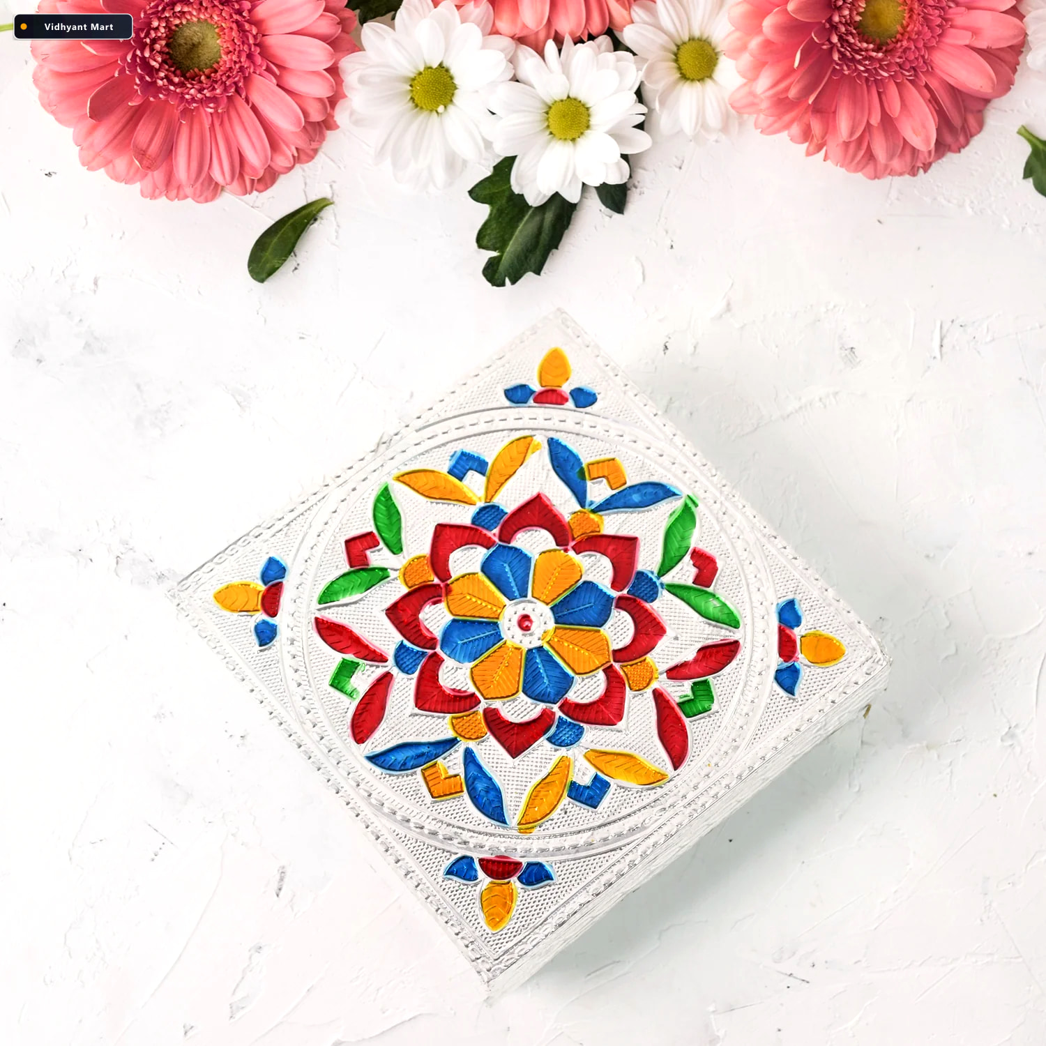 Vidhyant Mart Meenakari Wooden Chowki Handmade Puja Bajot Set Fo 3