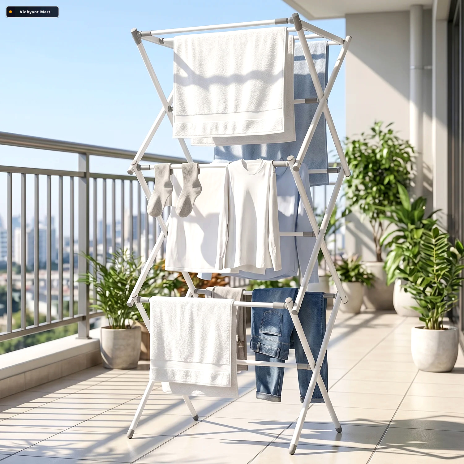 Vidhyant Mart Metal Foldable Clothes Drying Rack Three Tier For 1