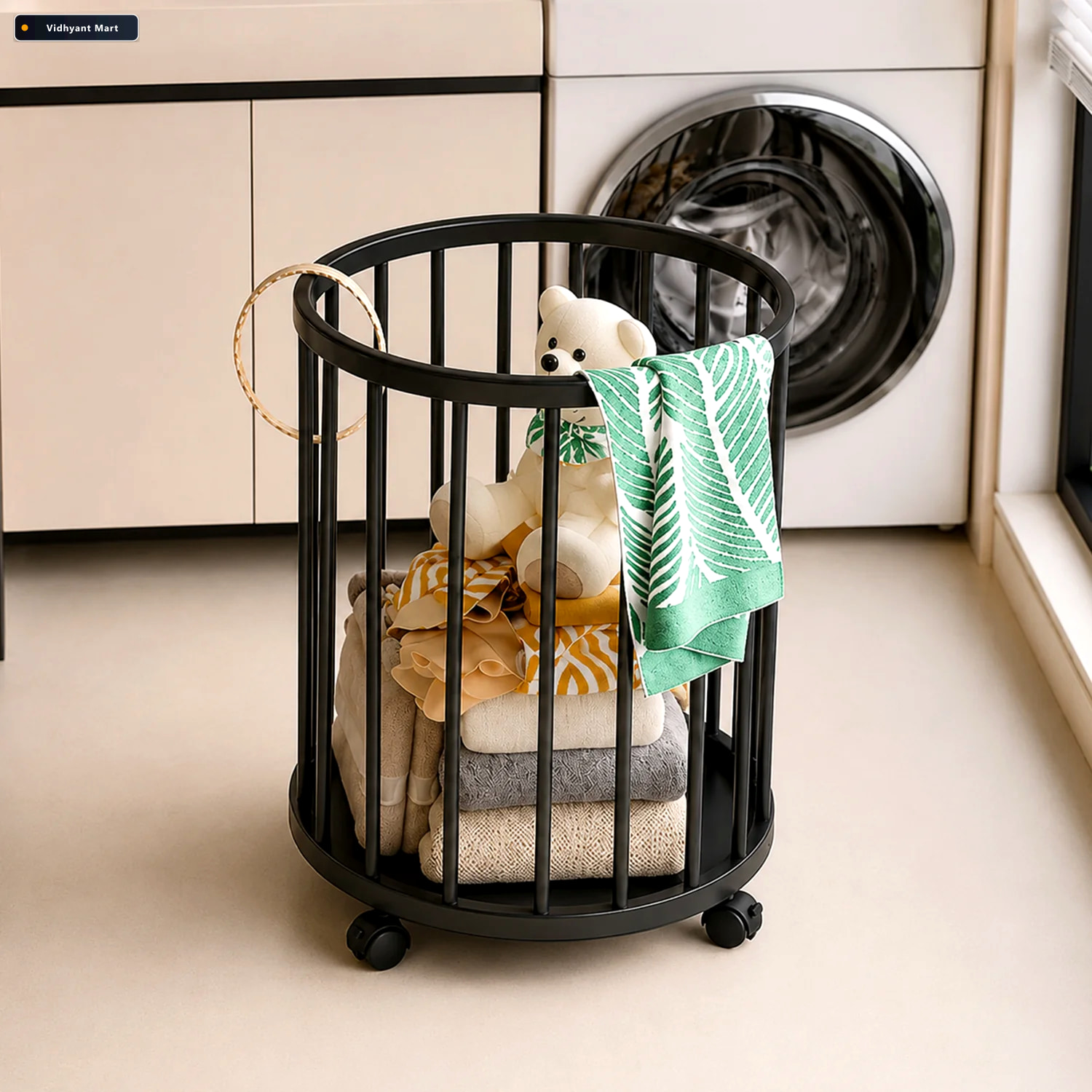 Vidhyant Mart Metal Laundry Basket With Wheels Round Standing Di 1