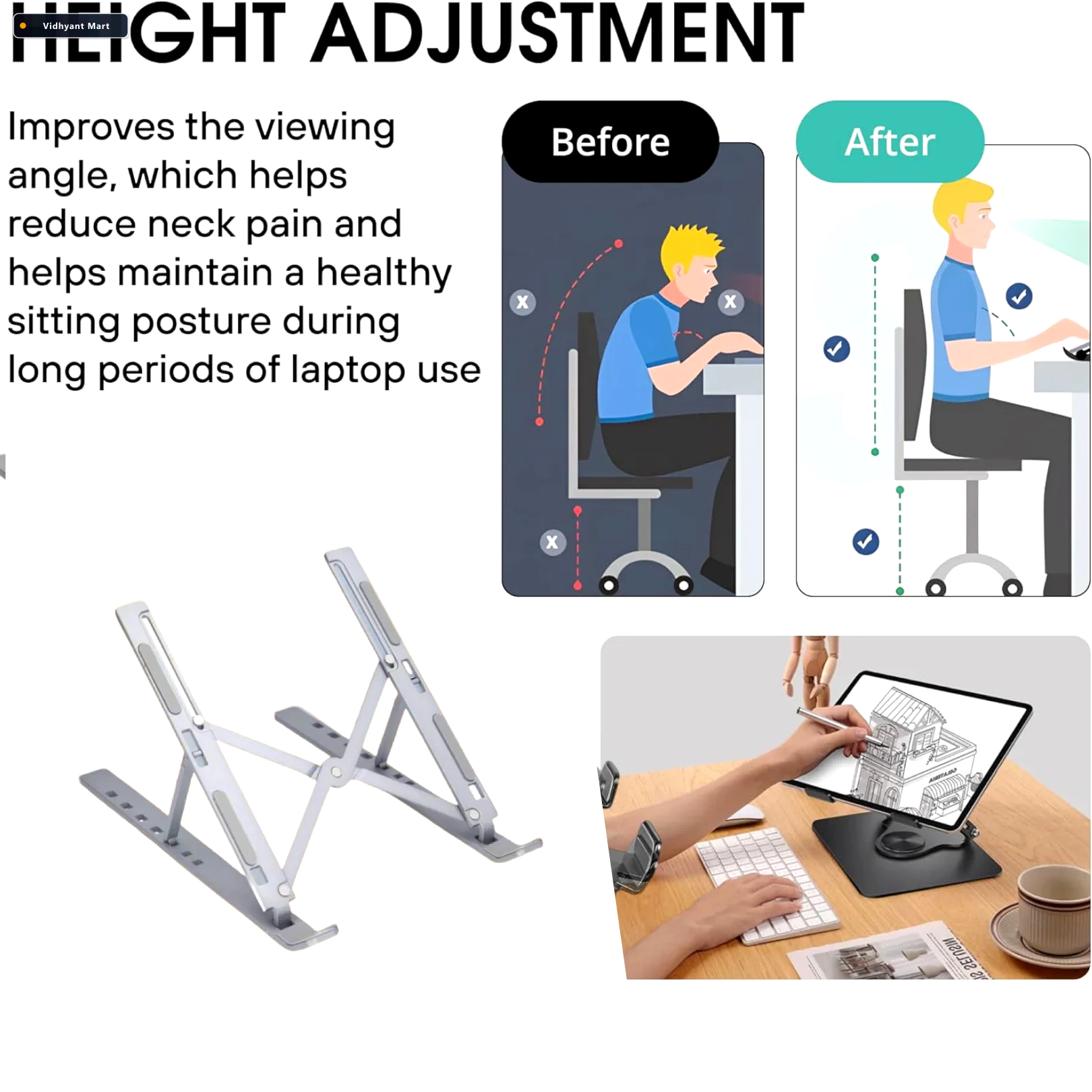Vidhyant Mart Metal Portable Laptop Stand 7 Adjustable Angles Ga 4