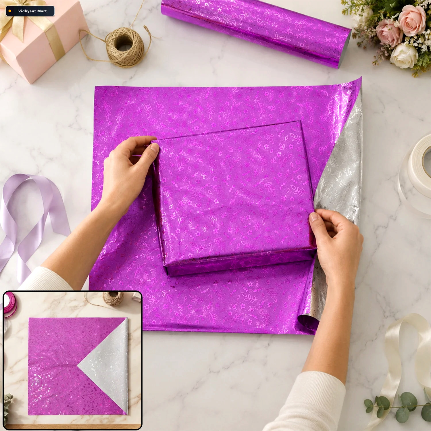 Vidhyant Mart Metallic Floral Gift Wrapping Paper Sheet For Birt 1