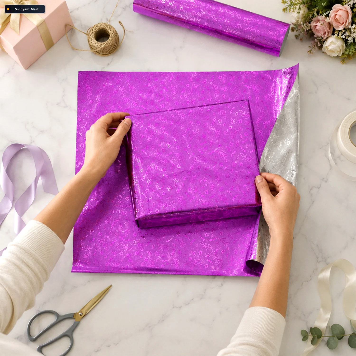 Vidhyant Mart Metallic Floral Gift Wrapping Paper Sheet For Birt 2