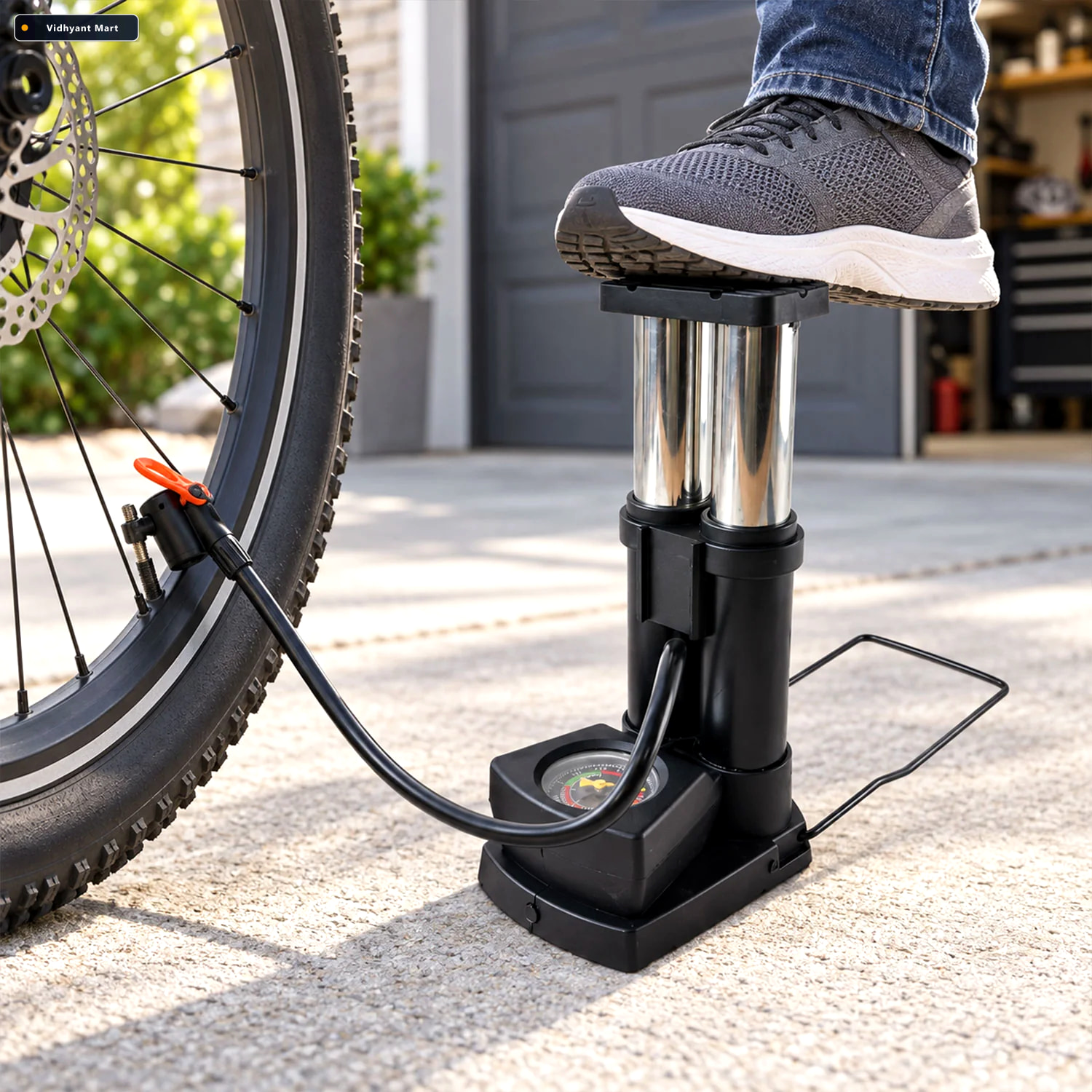Vidhyant Mart Mini Bike Pump Portable Foot Operated With Gauge S 2