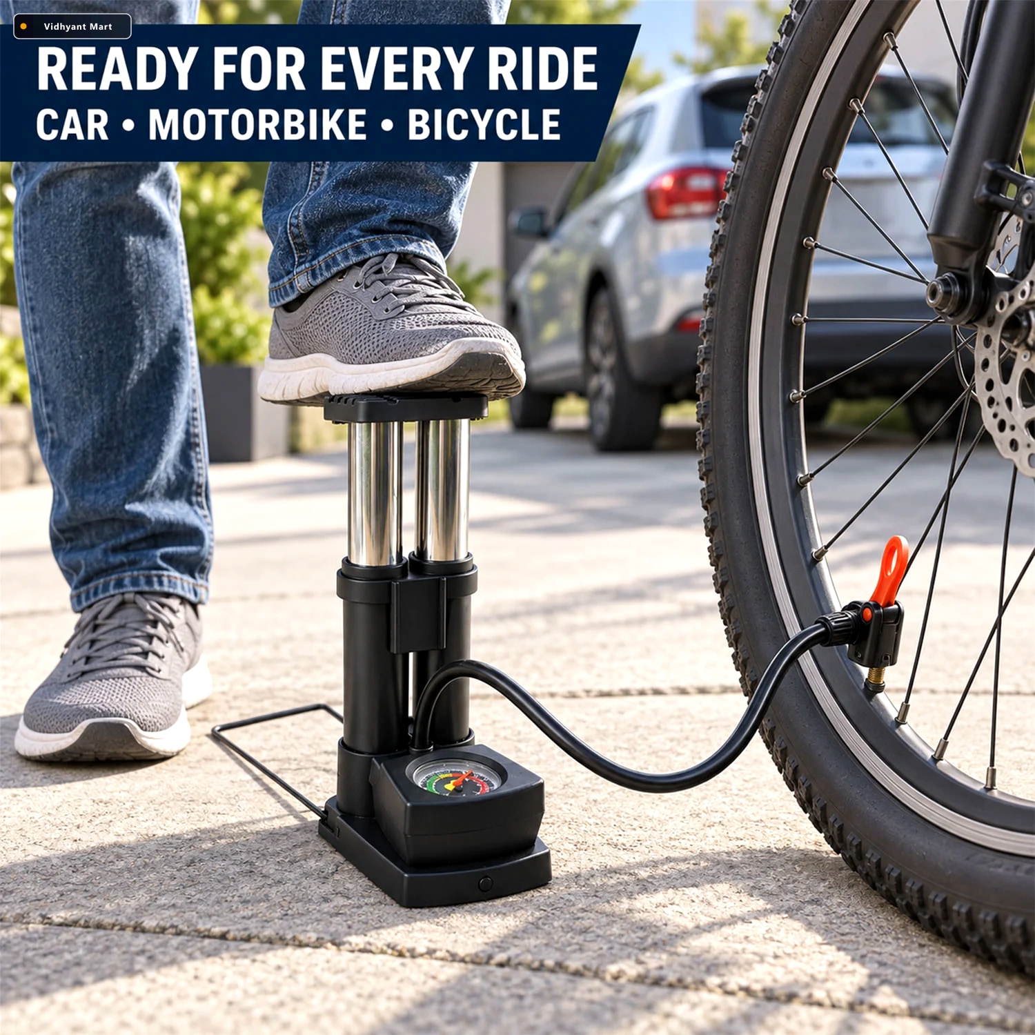 Vidhyant Mart Mini Bike Pump Portable Foot Operated With Gauge S 3