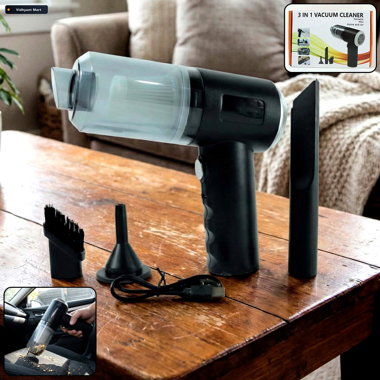 Vidhyant Mart Mini Car Vacuum Wireless Portable 3 In 1 Cleaner S 1