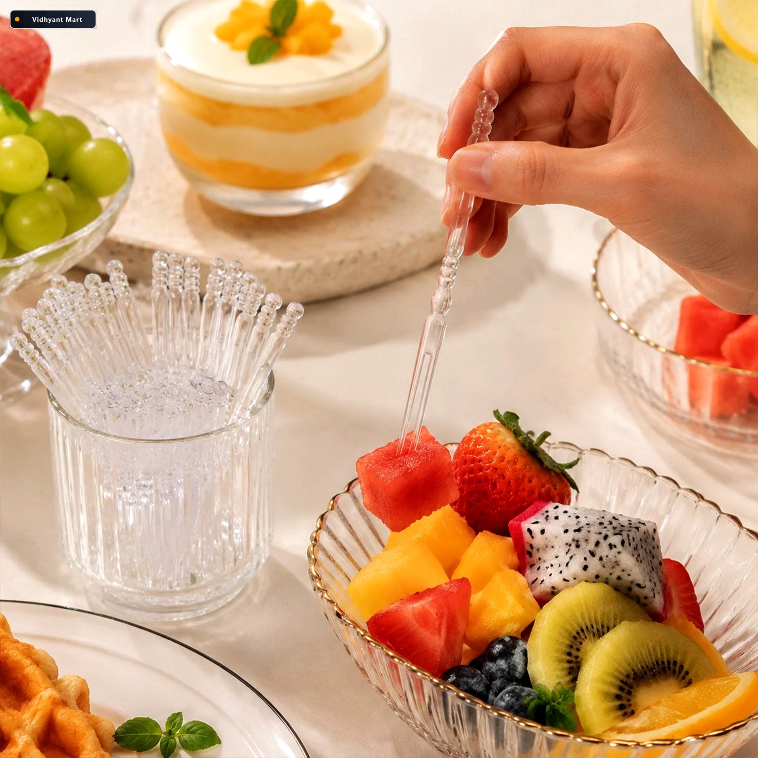 Vidhyant Mart Mini Disposable Plastic Fruit Fork Elegant Beaded 2