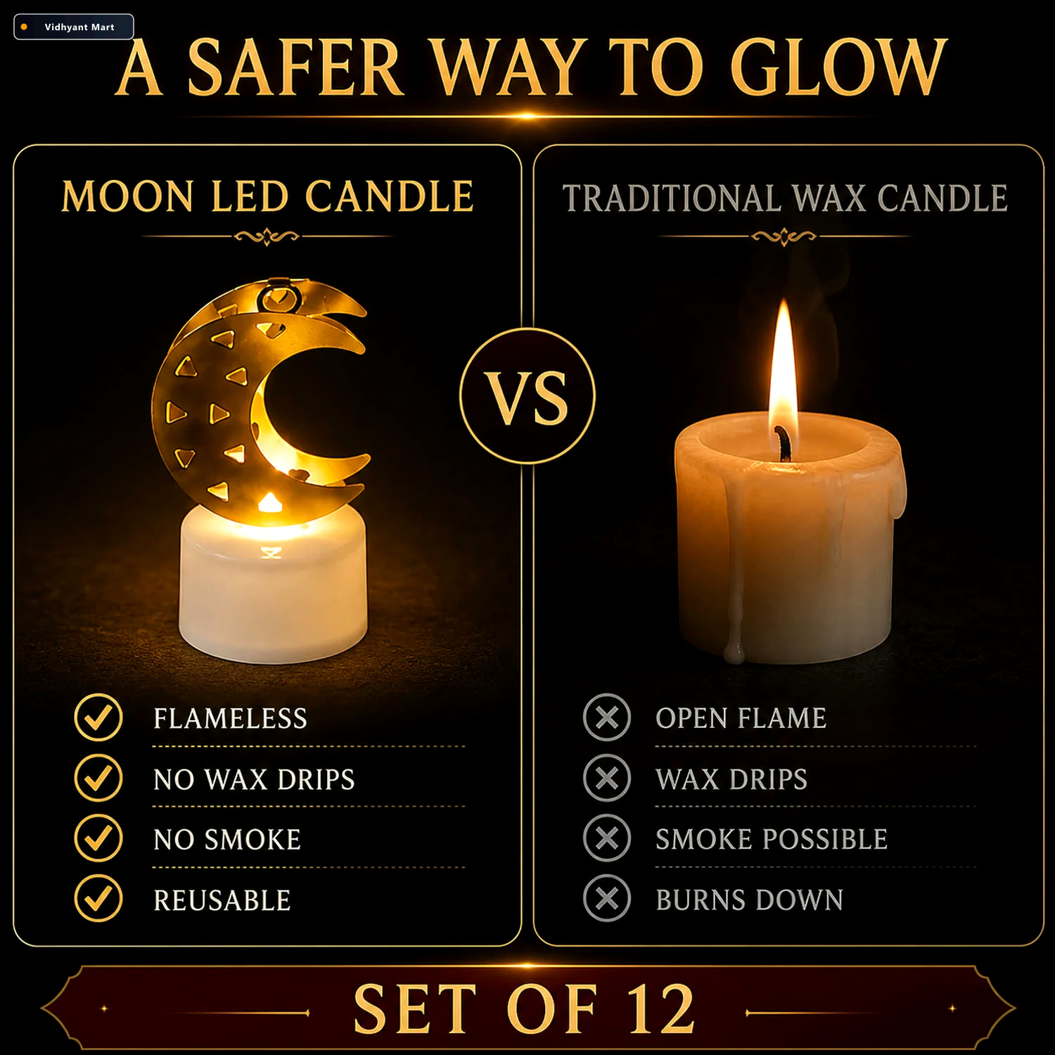 Vidhyant Mart Moon Shaped Flameless Led Candles 12 Pc Set 2