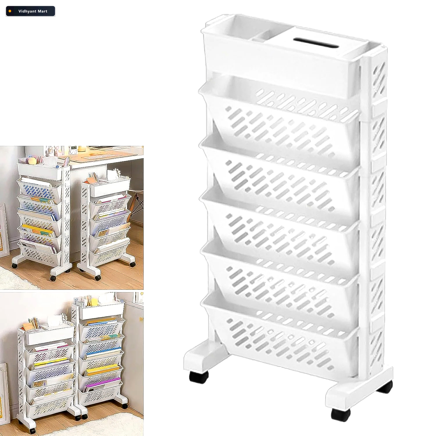 Vidhyant Mart Movable Plastic Bookshelf Large 5 Tier Rotatable O 1