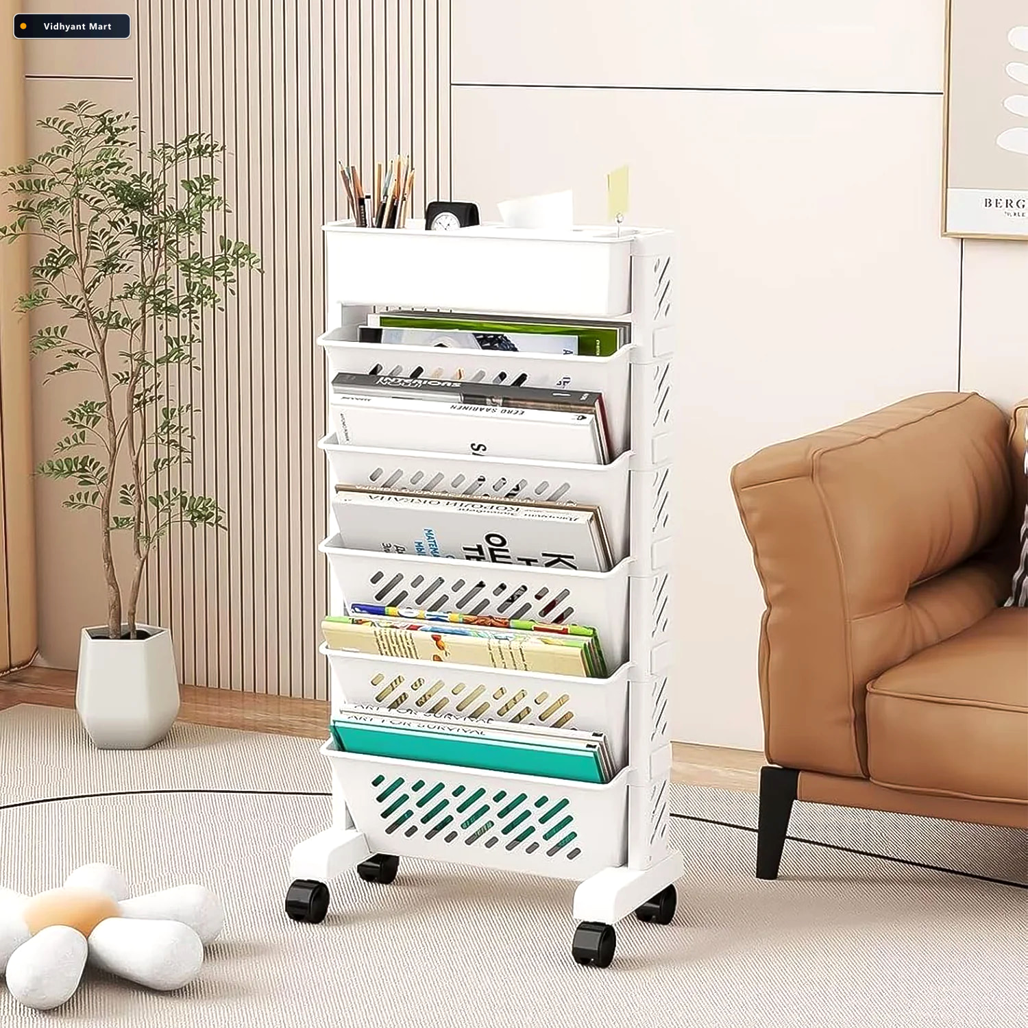 Vidhyant Mart Movable Plastic Bookshelf Large 5 Tier Rotatable O 3
