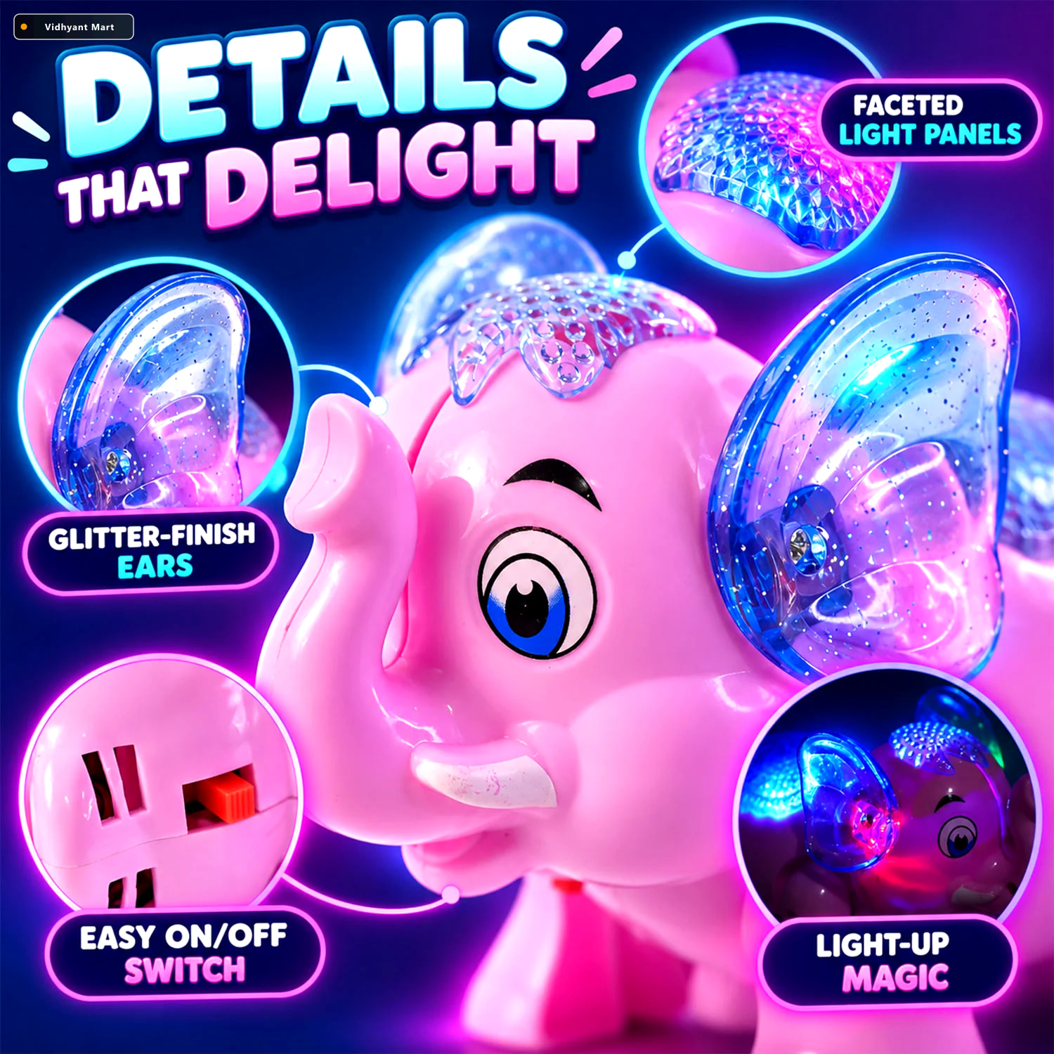 Vidhyant Mart Musical Elephant Toy With Colourful Lights For Fun 3