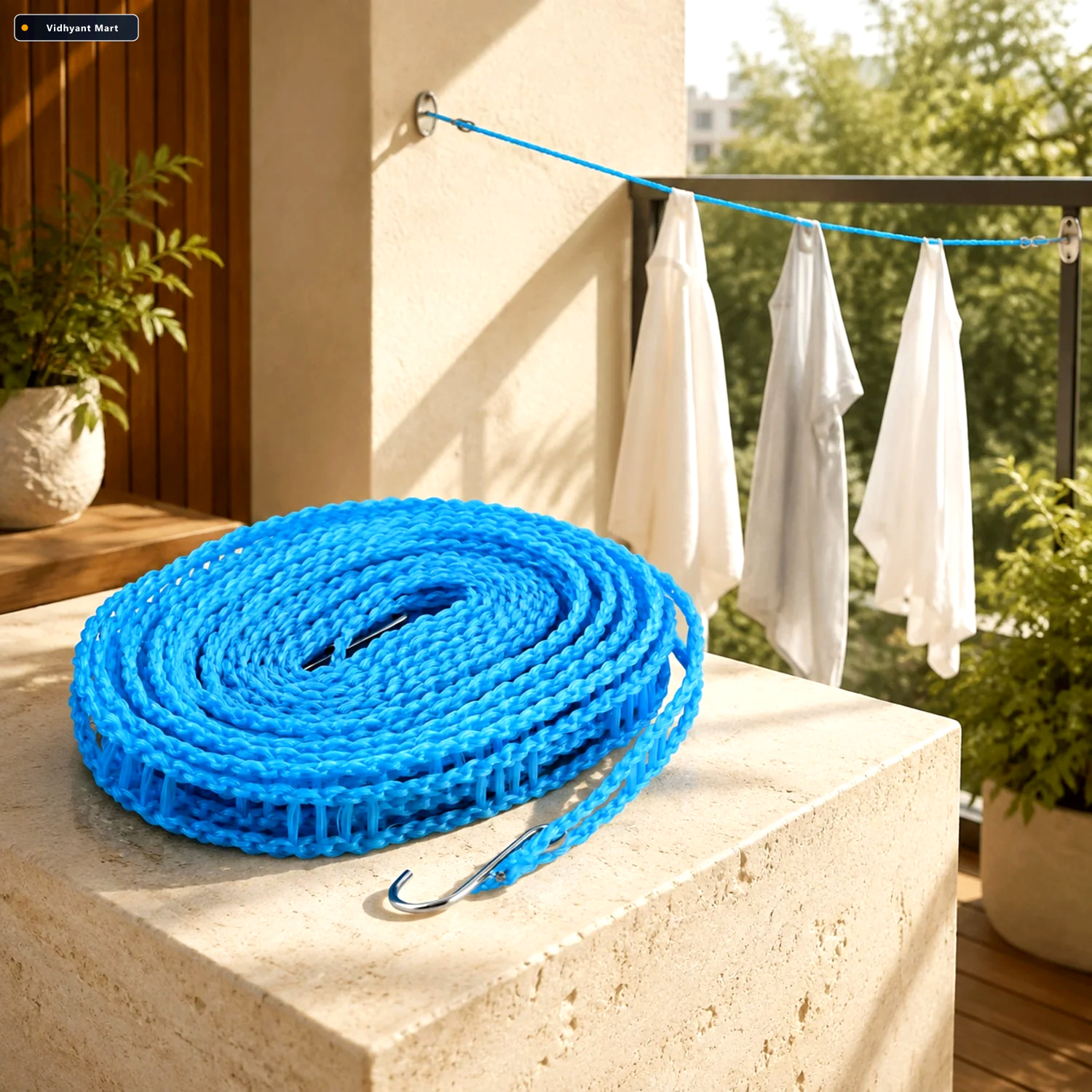 Vidhyant Mart Nylon Clothesline 5m Windproof Rope With Hooks Bat 1