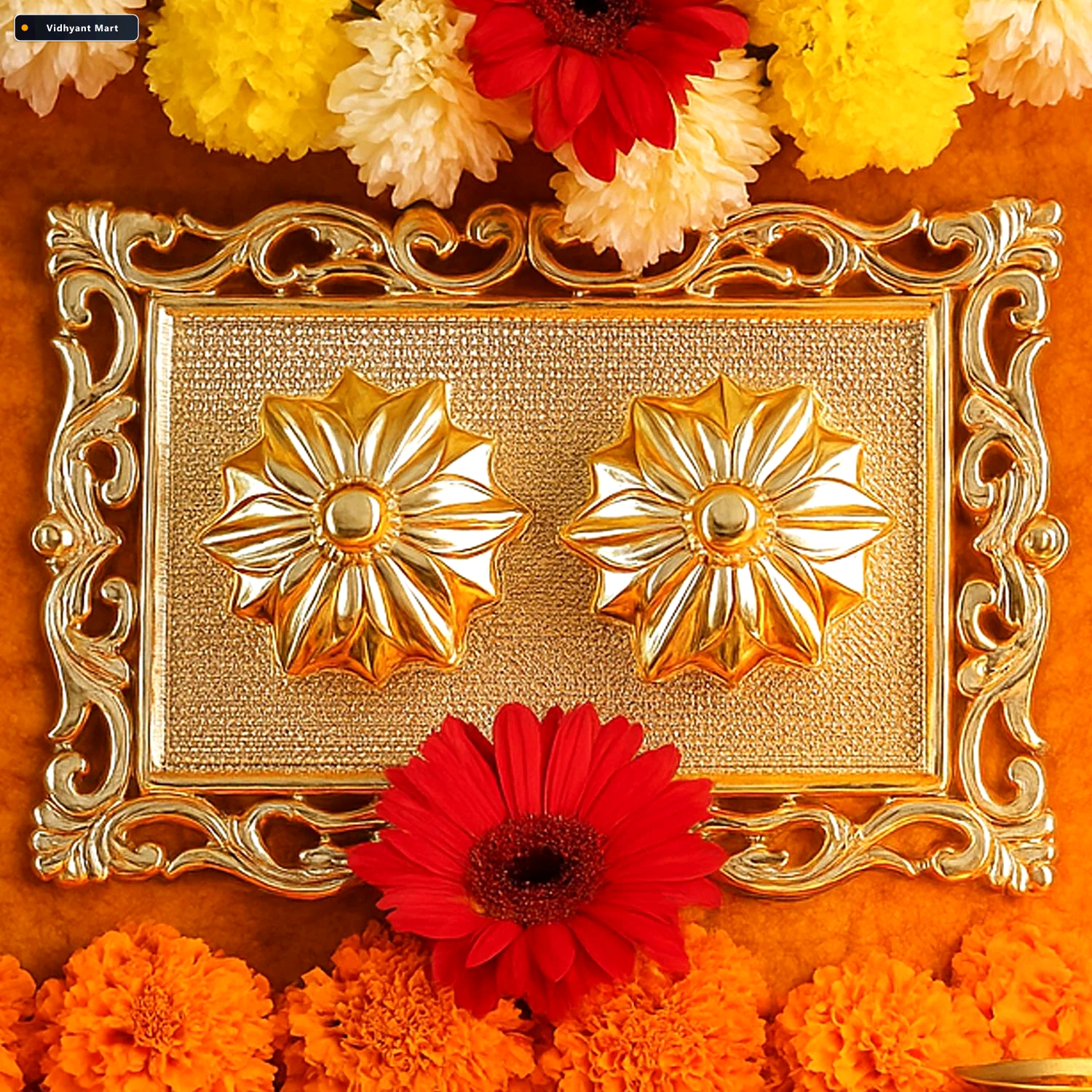 Vidhyant Mart Ornate Rectangular Pooja Thali Tray 1