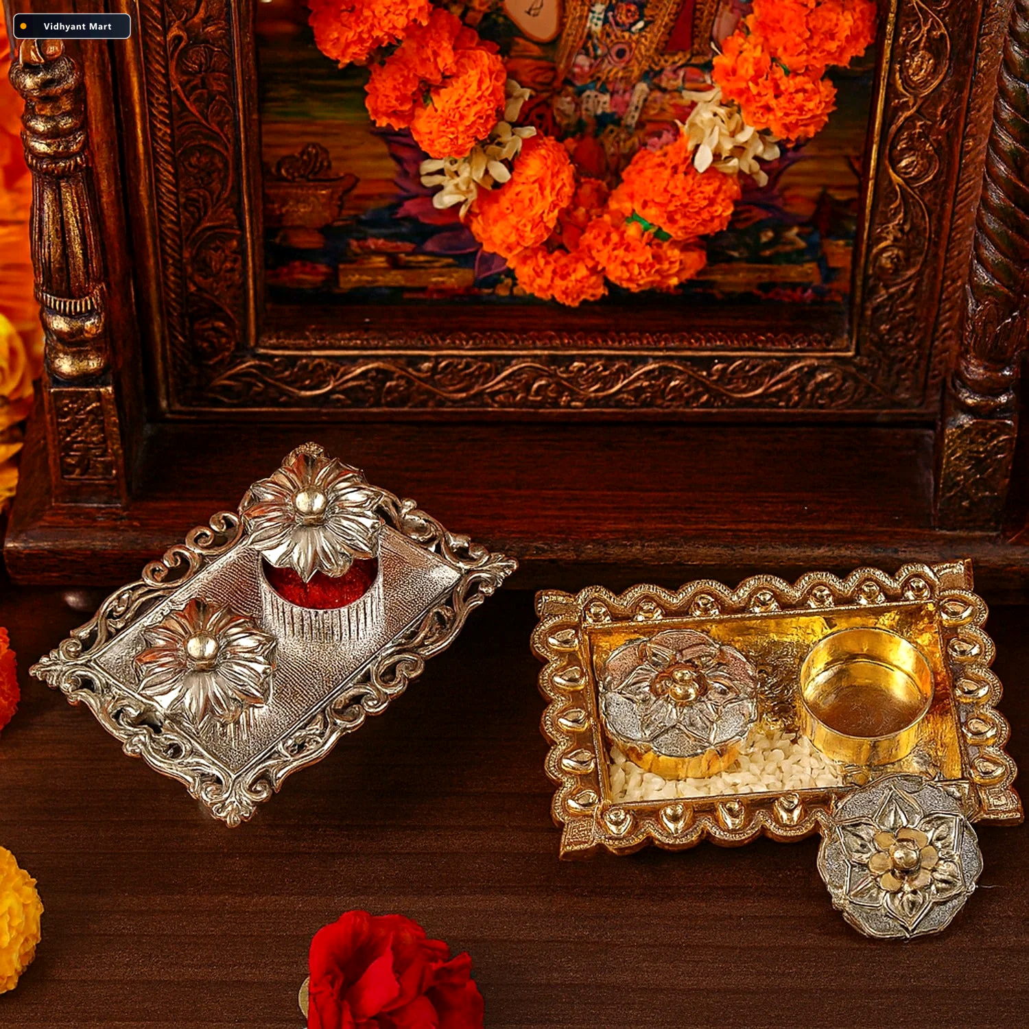 Vidhyant Mart Ornate Rectangular Pooja Thali Tray 3