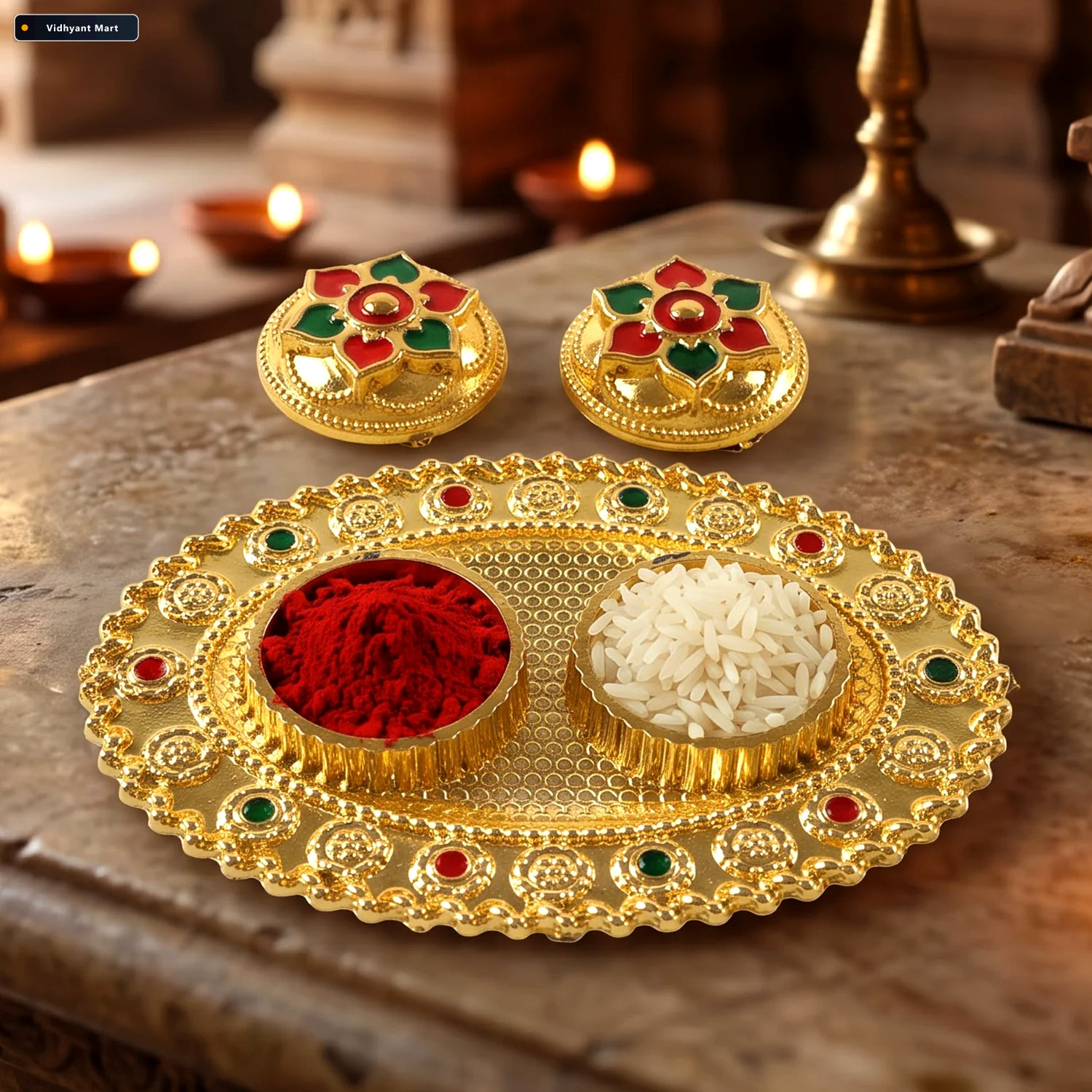 Vidhyant Mart Oval Golden Kankavati Kumkum Holder With Meena Wor 2