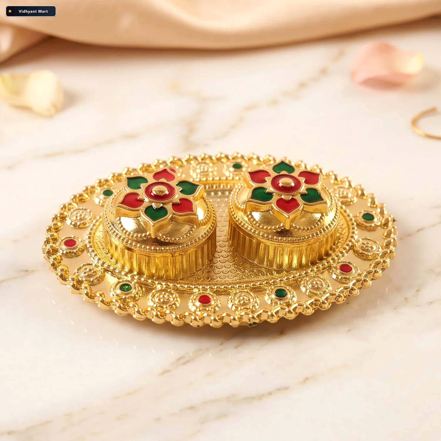 Vidhyant Mart Oval Golden Kankavati Kumkum Holder With Meena Wor 3