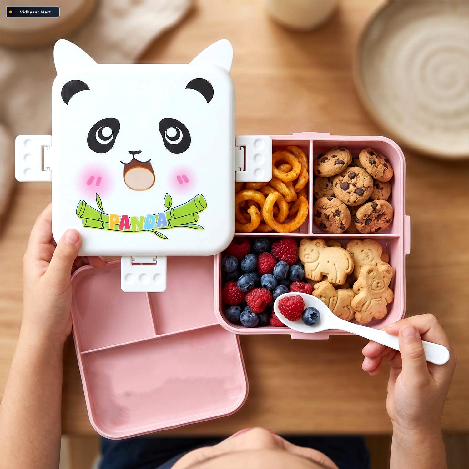 Vidhyant Mart Panda Kids Lunch Box With 3 Compartments Utensils 2