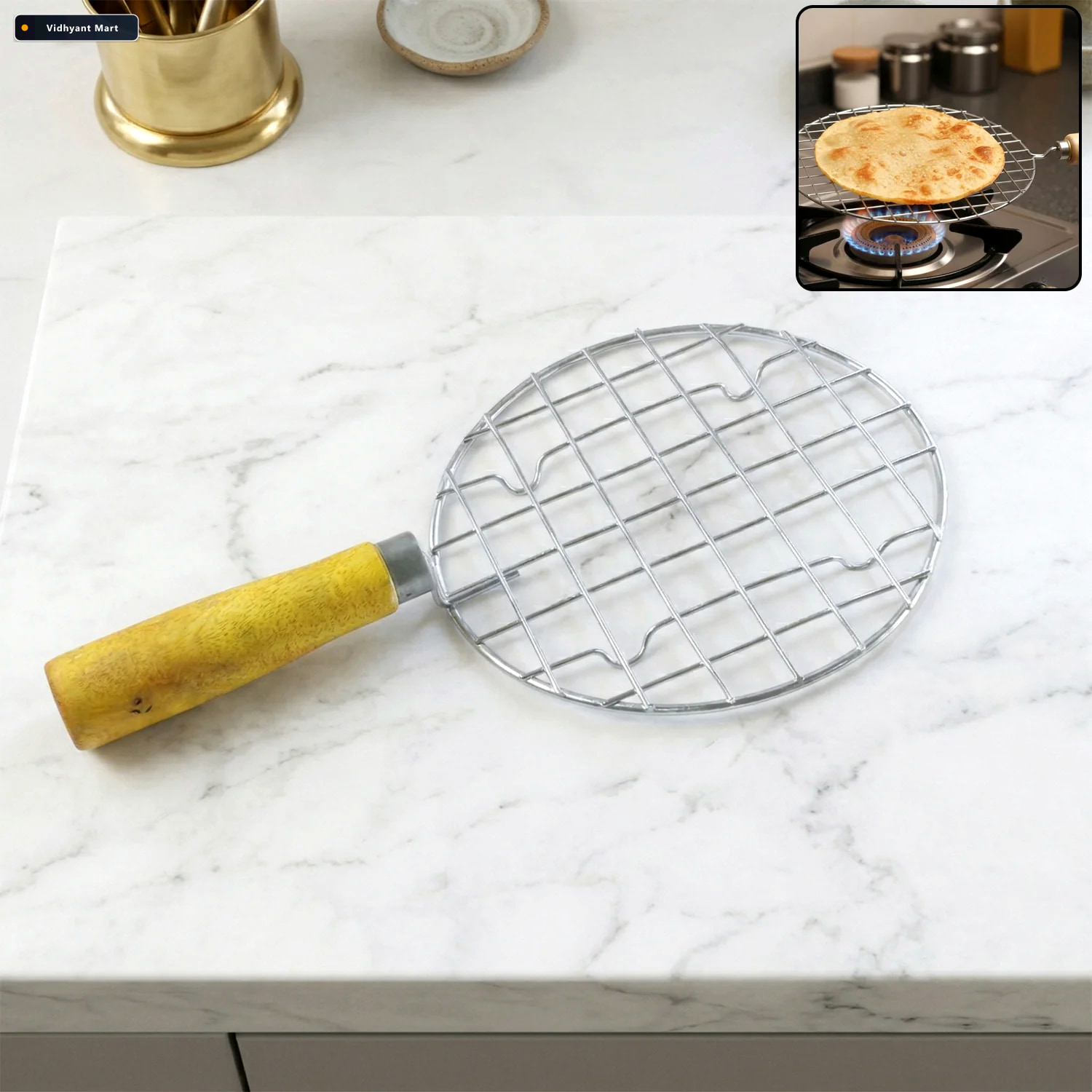Vidhyant Mart Papad Jali Roaster Stainless Steel With Wooden Han 1