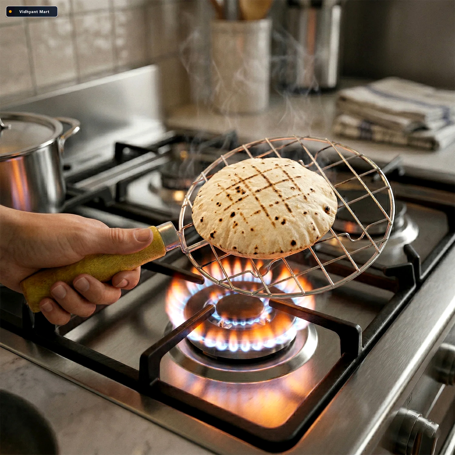 Vidhyant Mart Papad Jali Roaster Stainless Steel With Wooden Han 2