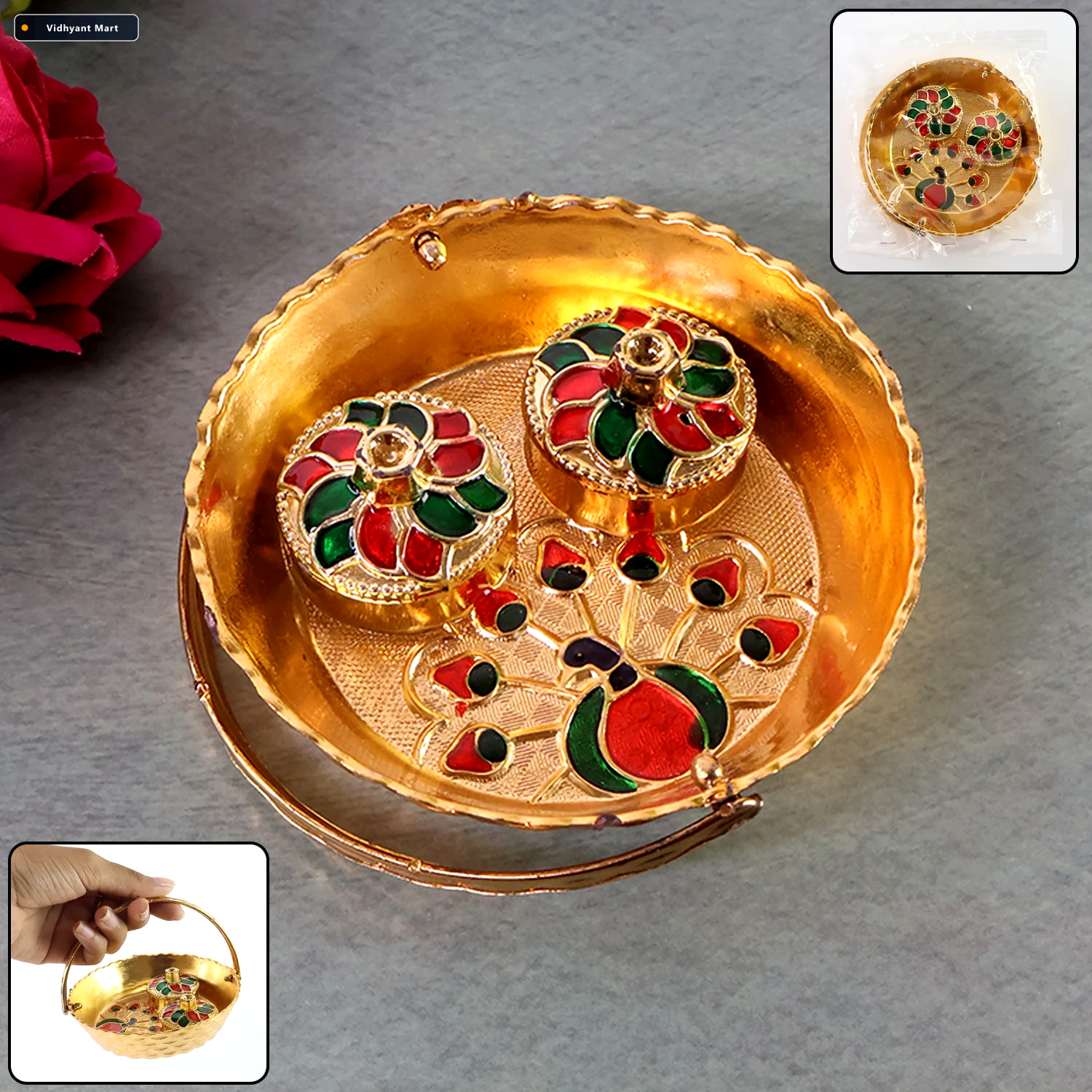Vidhyant Mart Peacock Meenakari Pooja Tray Elegant Gold Tone Wit 1