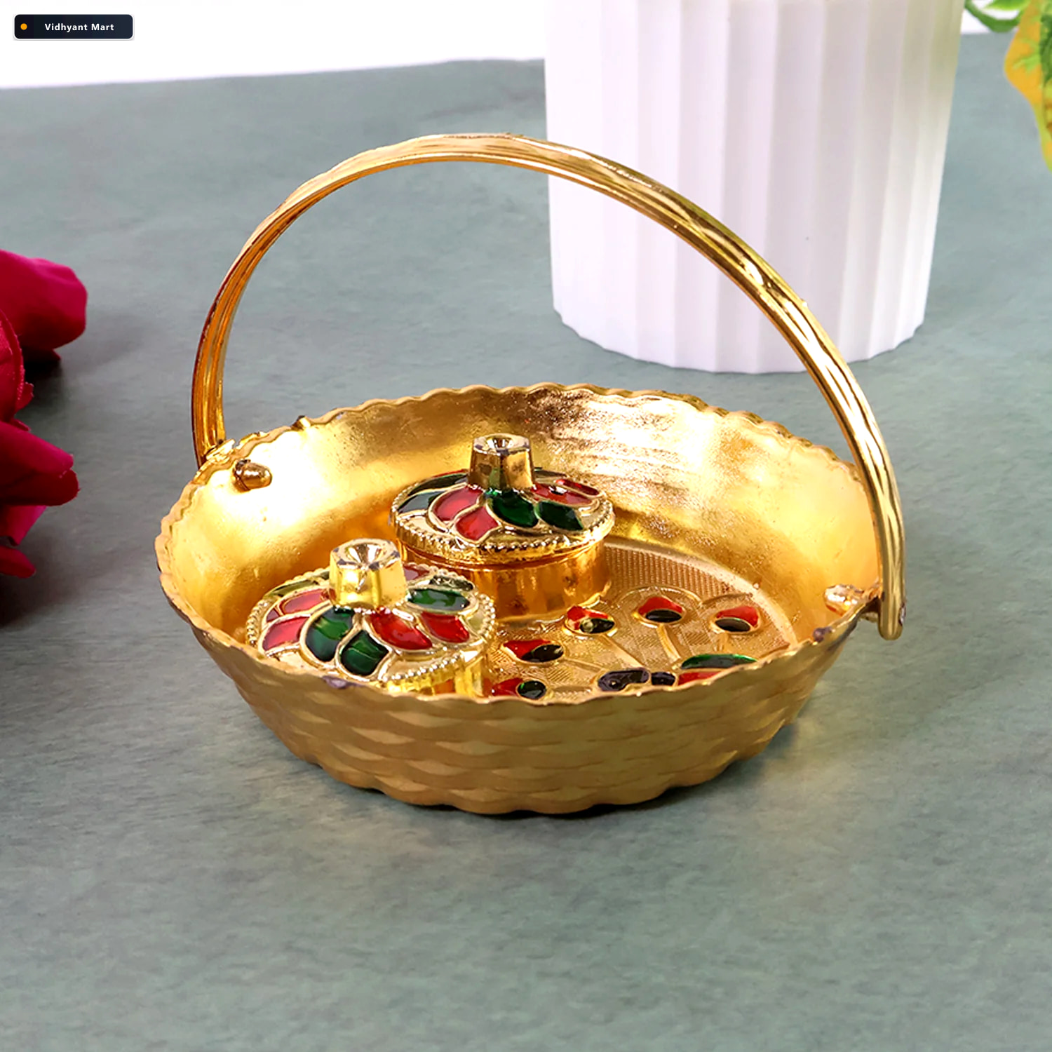 Vidhyant Mart Peacock Meenakari Pooja Tray Elegant Gold Tone Wit 2