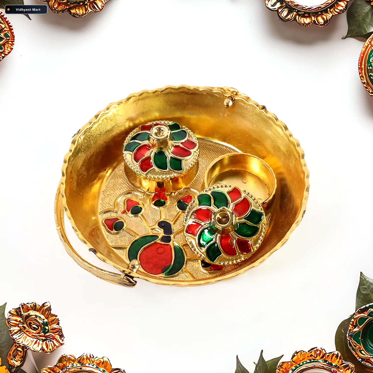 Vidhyant Mart Peacock Meenakari Pooja Tray Elegant Gold Tone Wit 3