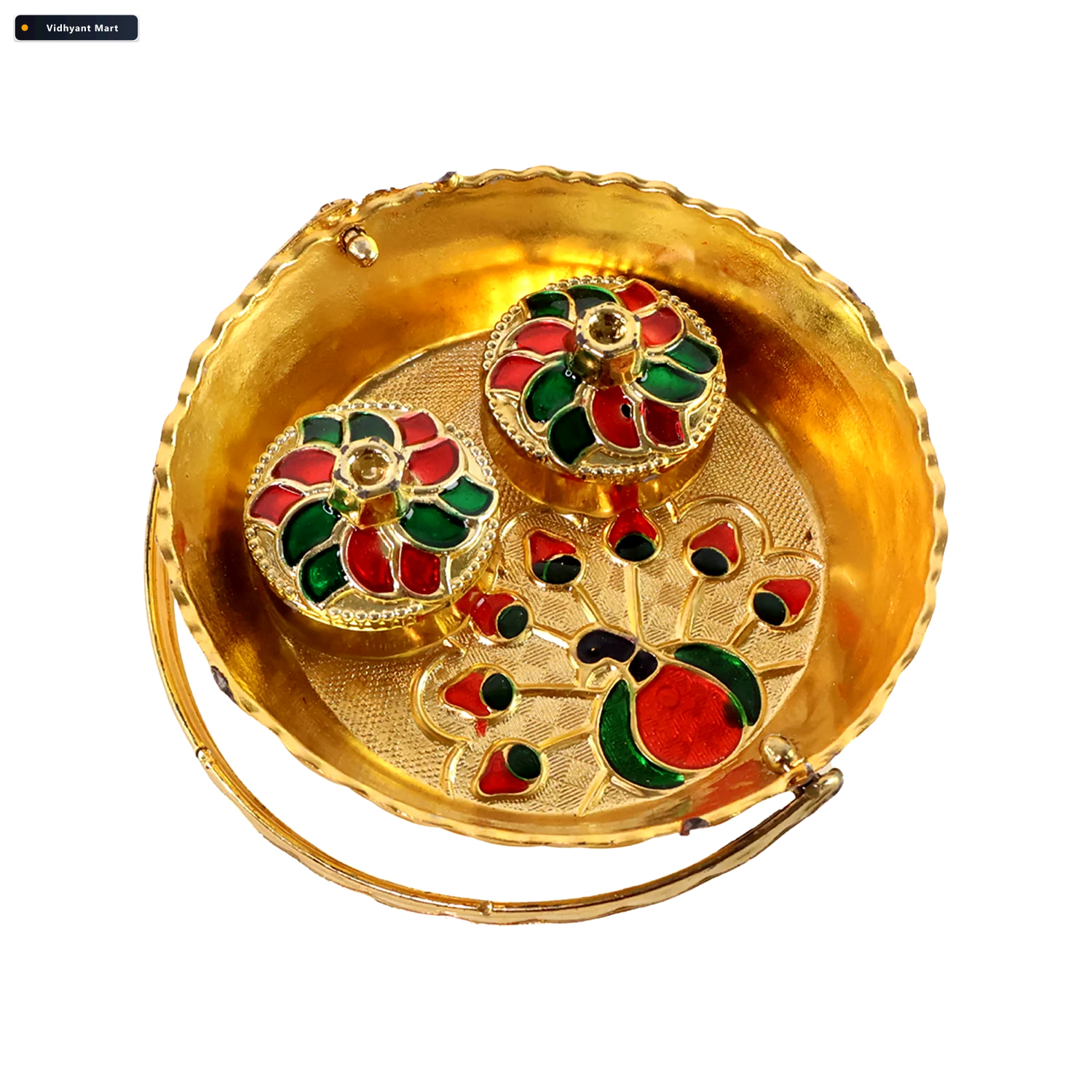 Vidhyant Mart Peacock Meenakari Pooja Tray Elegant Gold Tone Wit 4