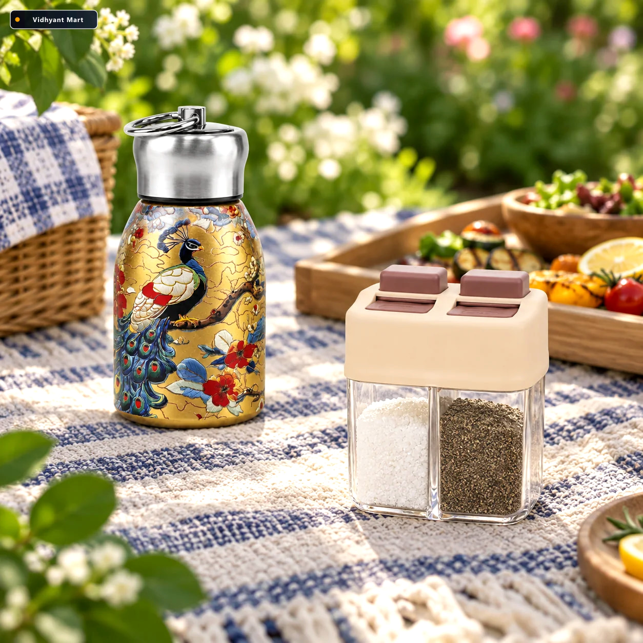 Vidhyant Mart Peacock Print Stainless Steel Water Bottle Dual Sp 2