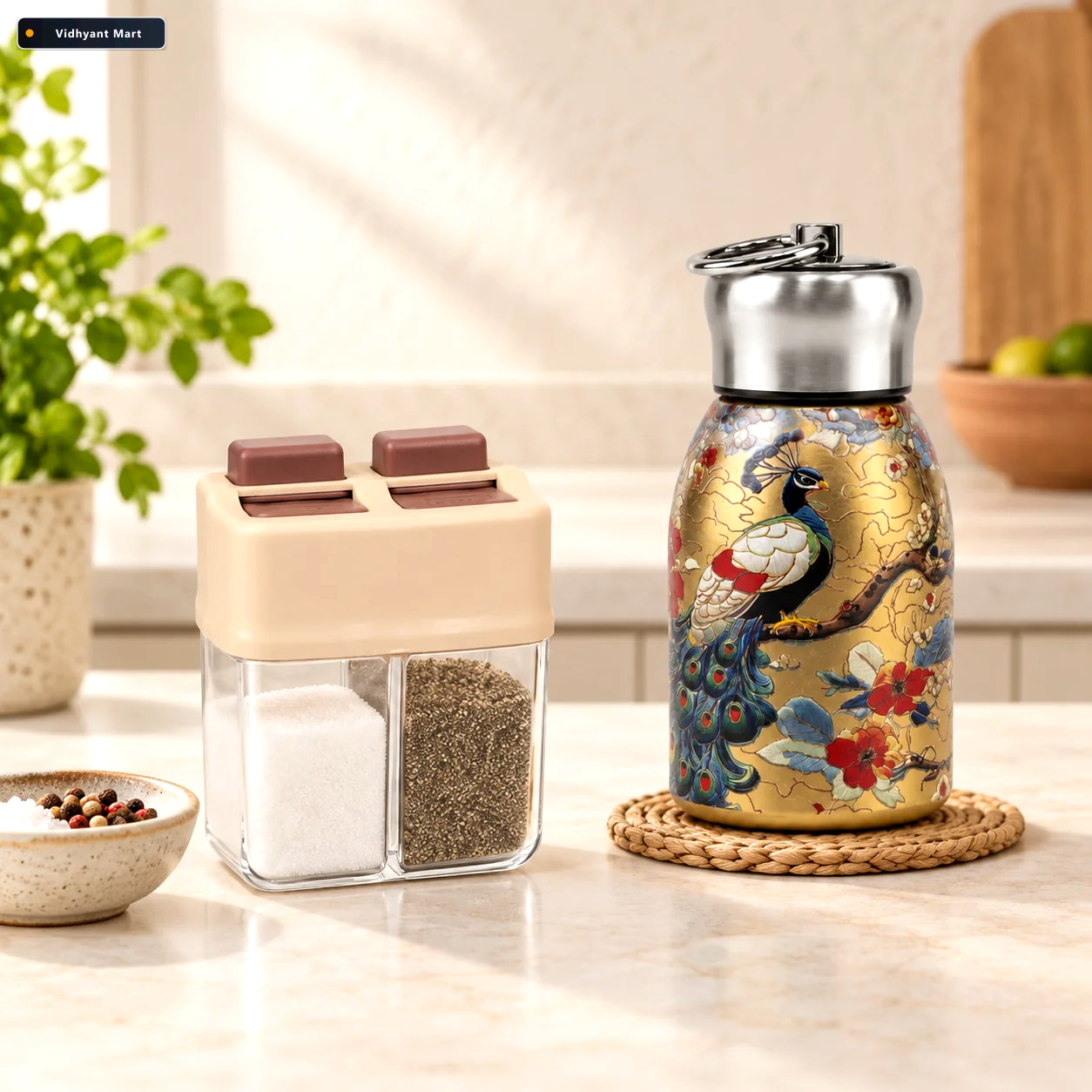 Vidhyant Mart Peacock Print Stainless Steel Water Bottle Dual Sp 3