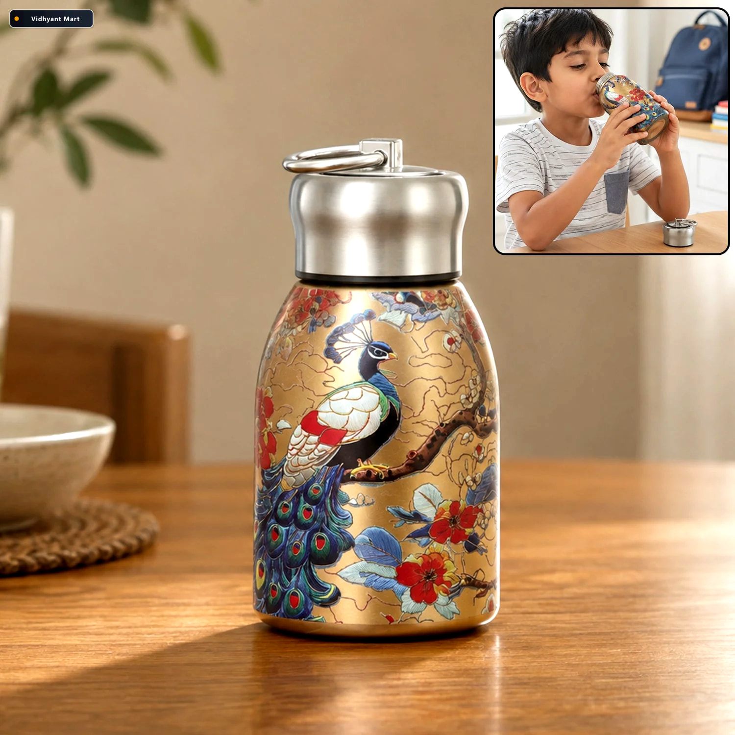 Vidhyant Mart Peacock Print Stainless Steel Water Bottle Dual Sp 4