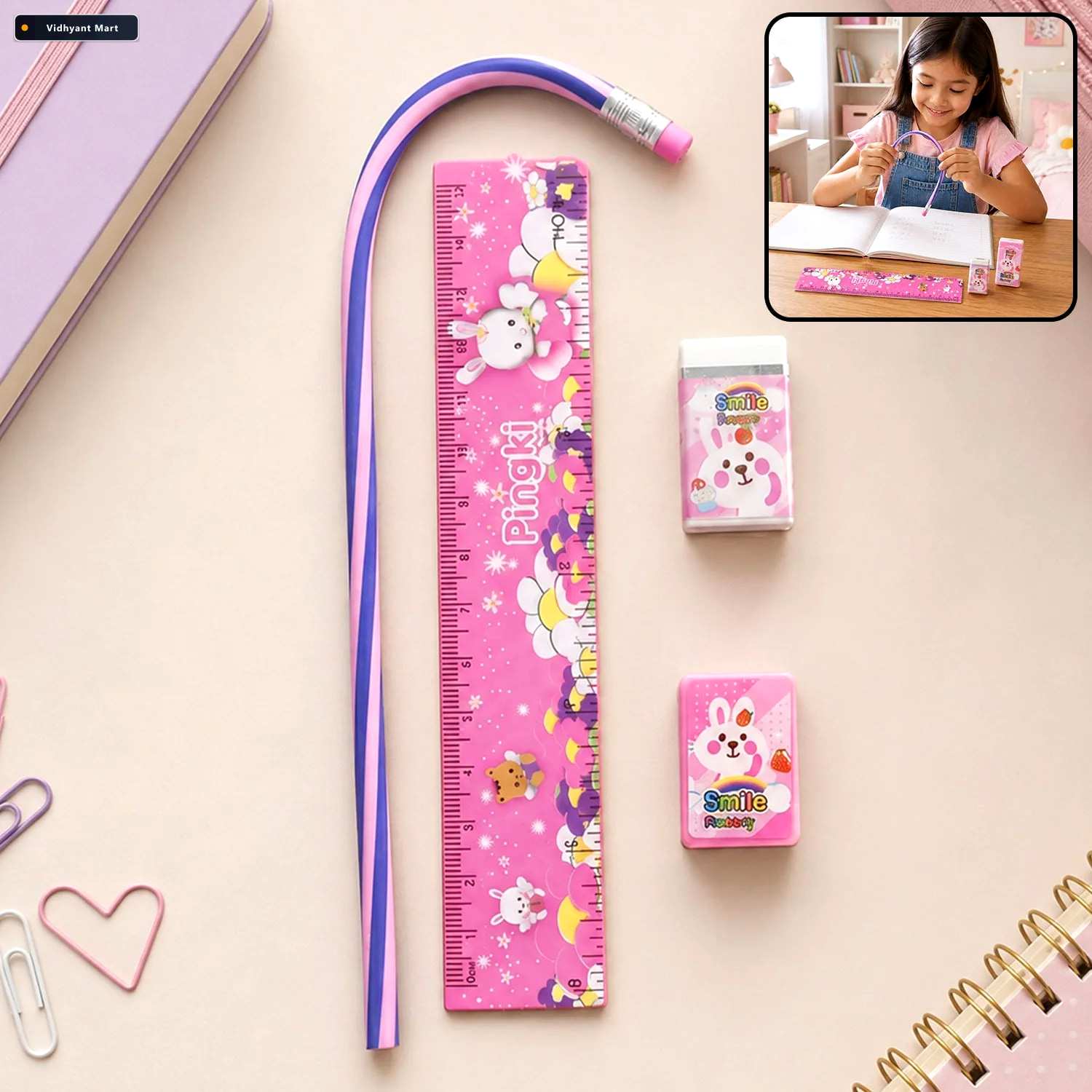 Vidhyant Mart Pink Kids Stationery Set 4 In 1 School Essentials 1