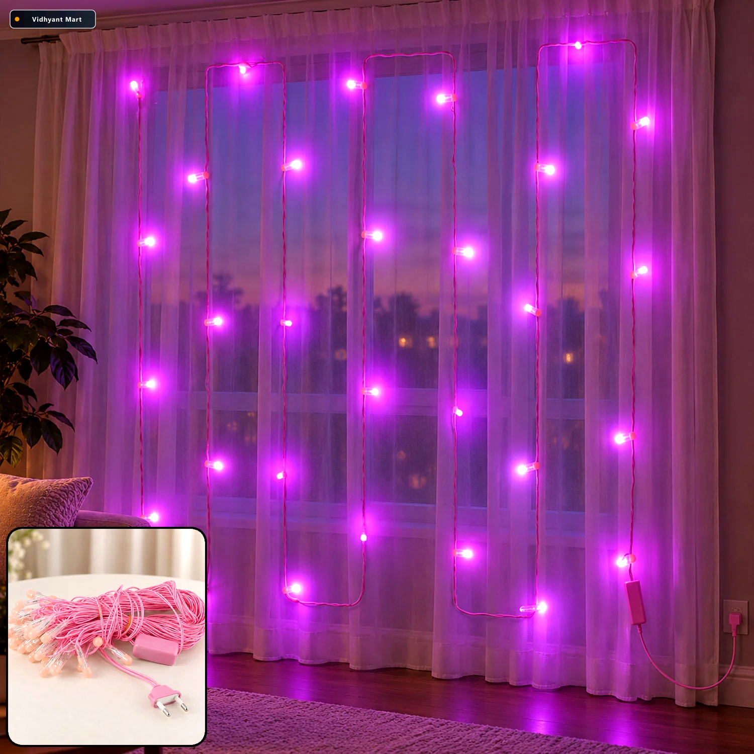 Vidhyant Mart Pink Wire Led Curtain String Light Series For Fest 1